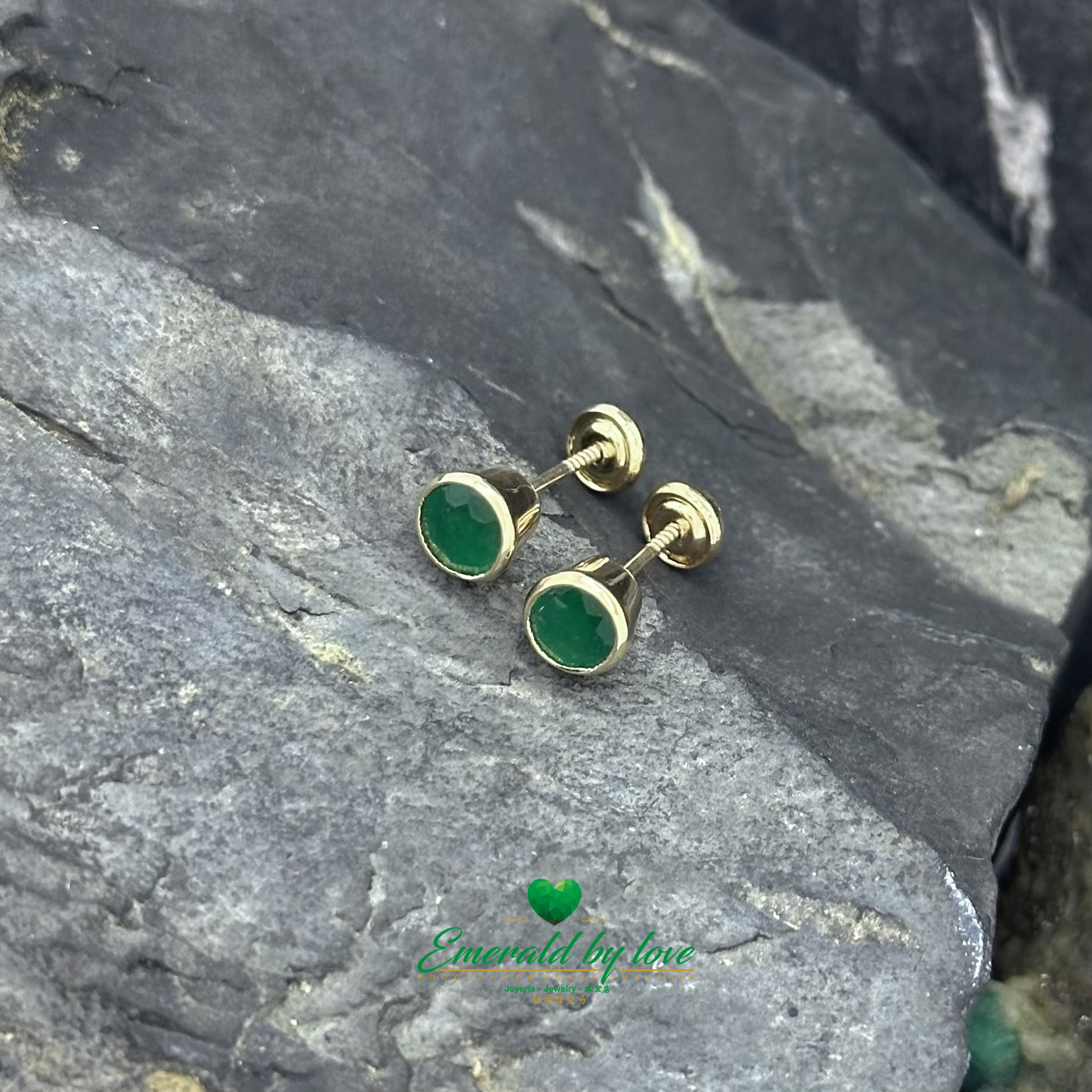 Yellow Gold Studs with 1.1 CT Rounds Emeralds in Bezel Setting