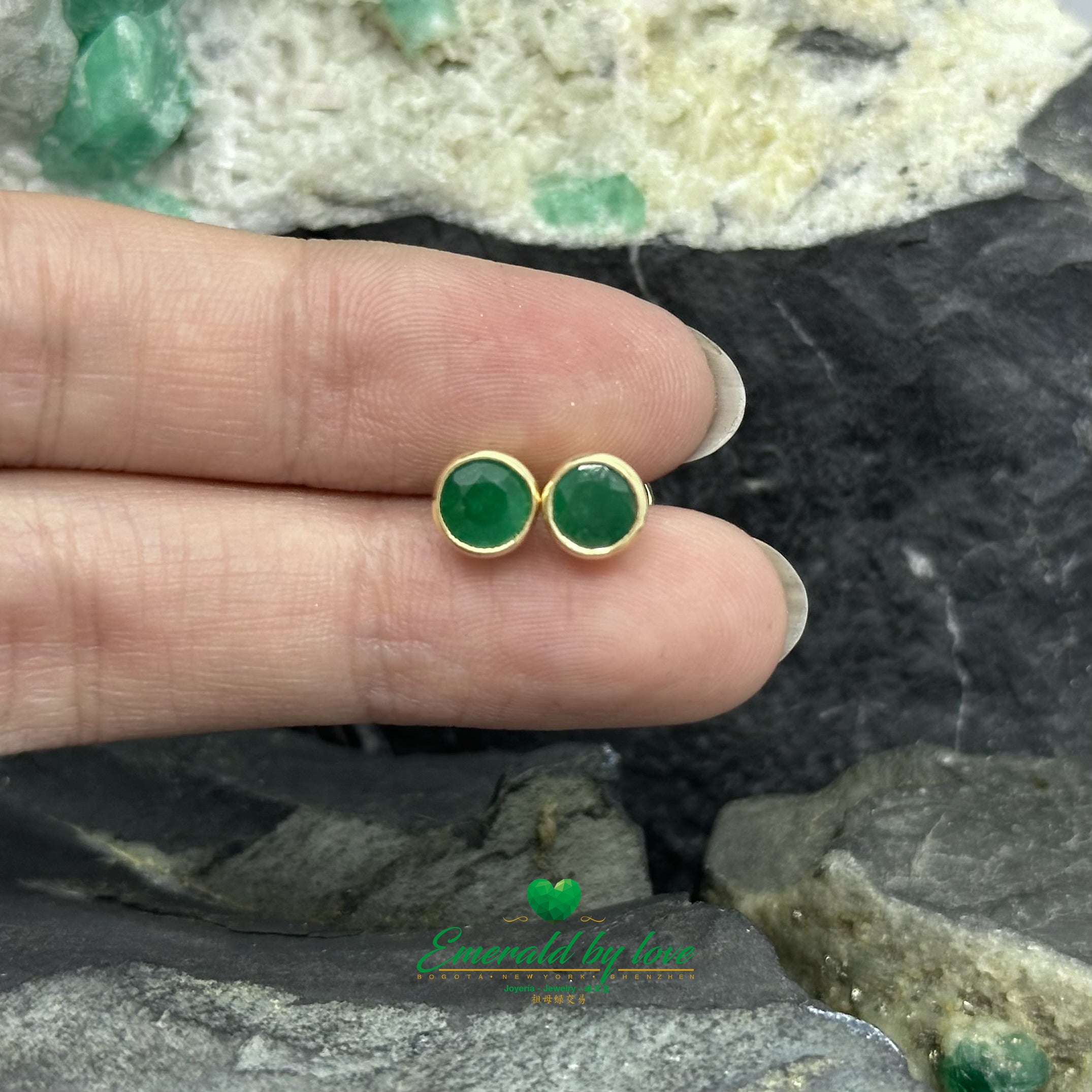 Yellow Gold Studs with 1.1 CT Rounds Emeralds in Bezel Setting