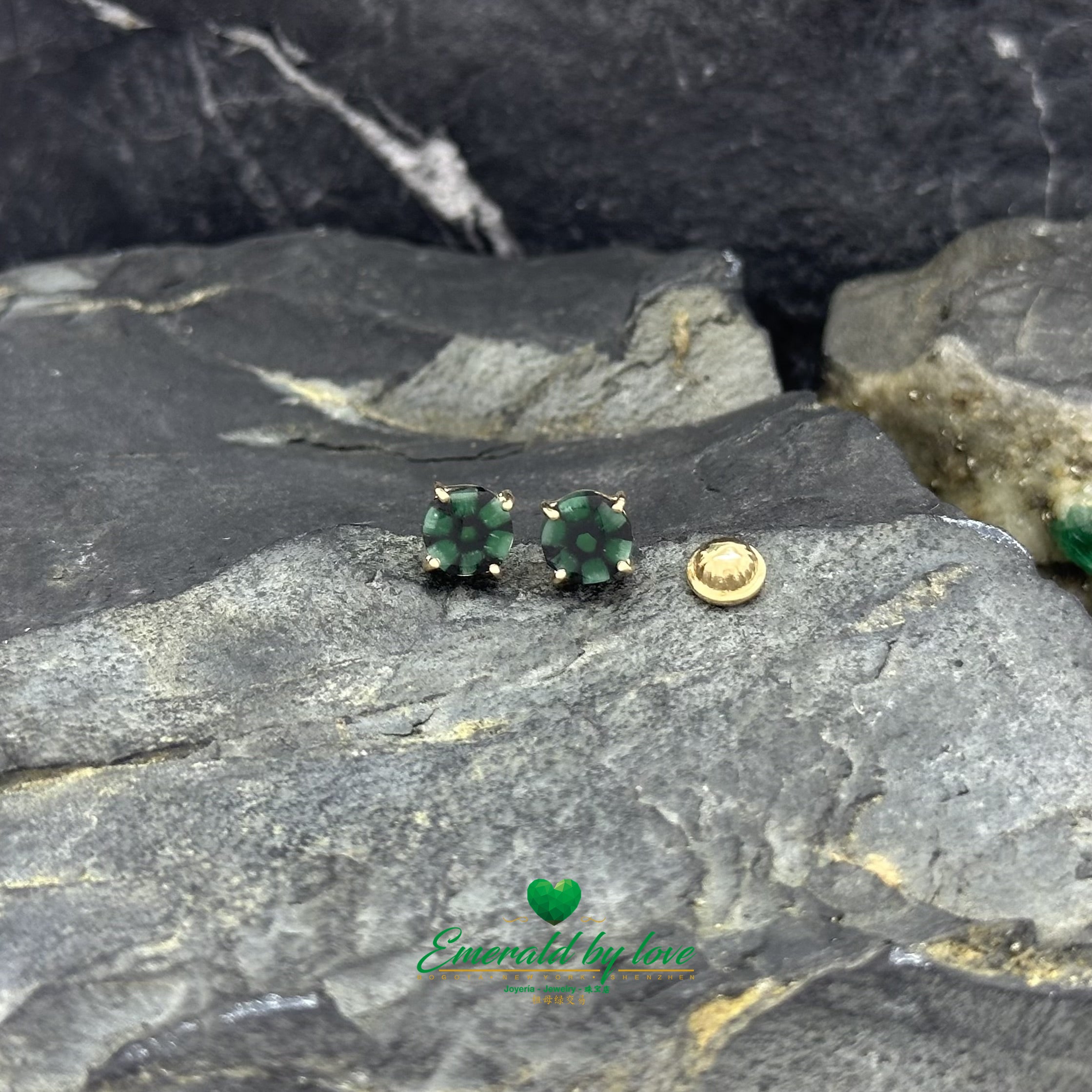 Round Yellow Gold Earrings with Trapiche Emeralds, 1.08 tcw