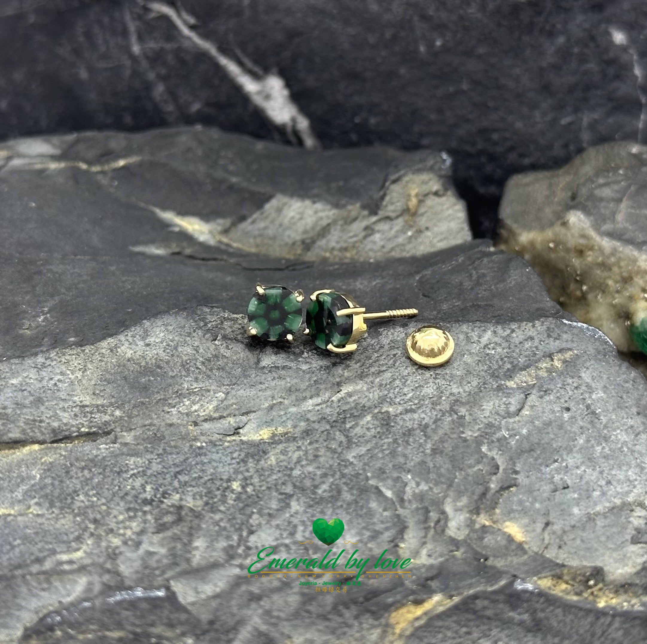 Round Yellow Gold Earrings with Trapiche Emeralds, 1.08 tcw