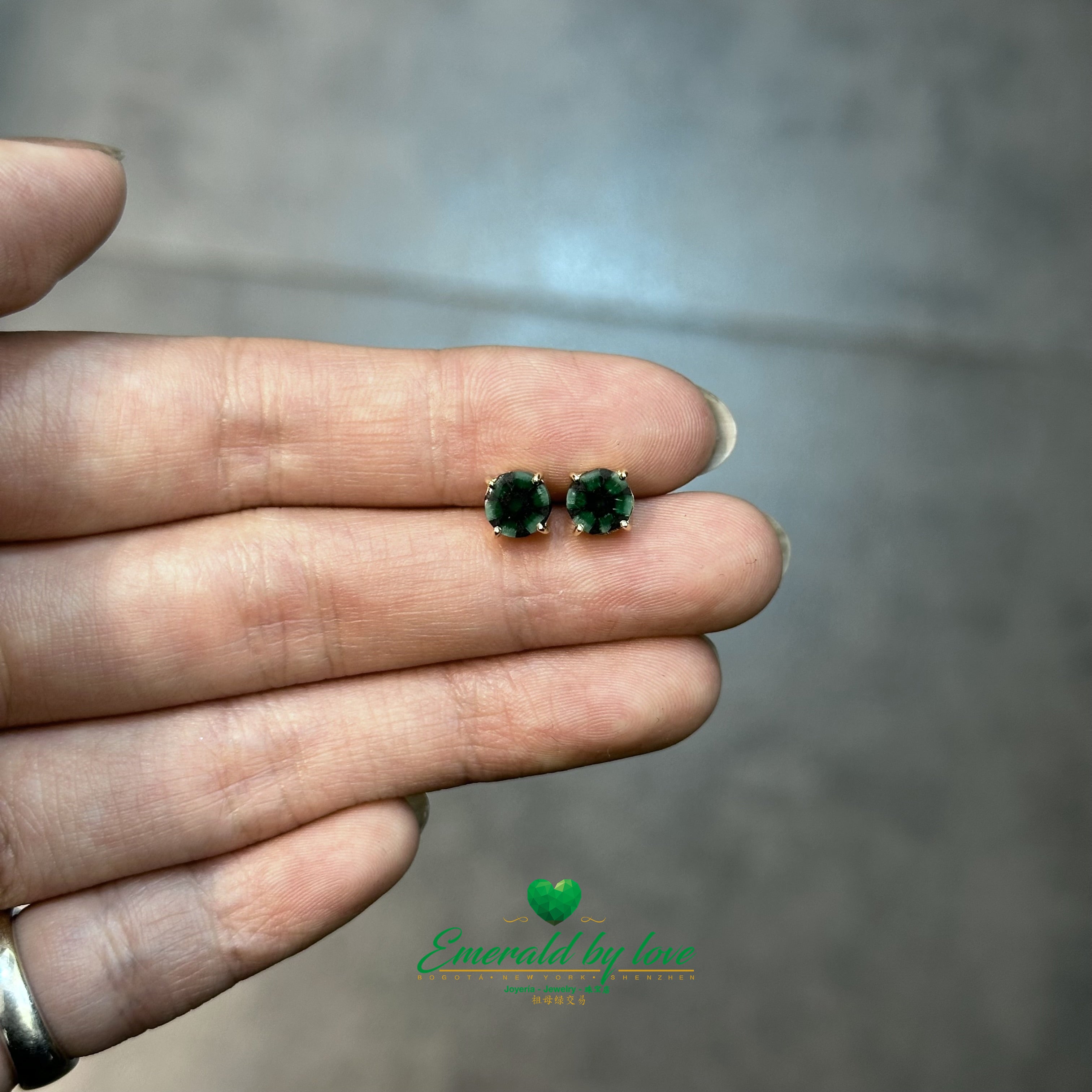 Round Yellow Gold Earrings with Trapiche Emeralds, 1.08 tcw