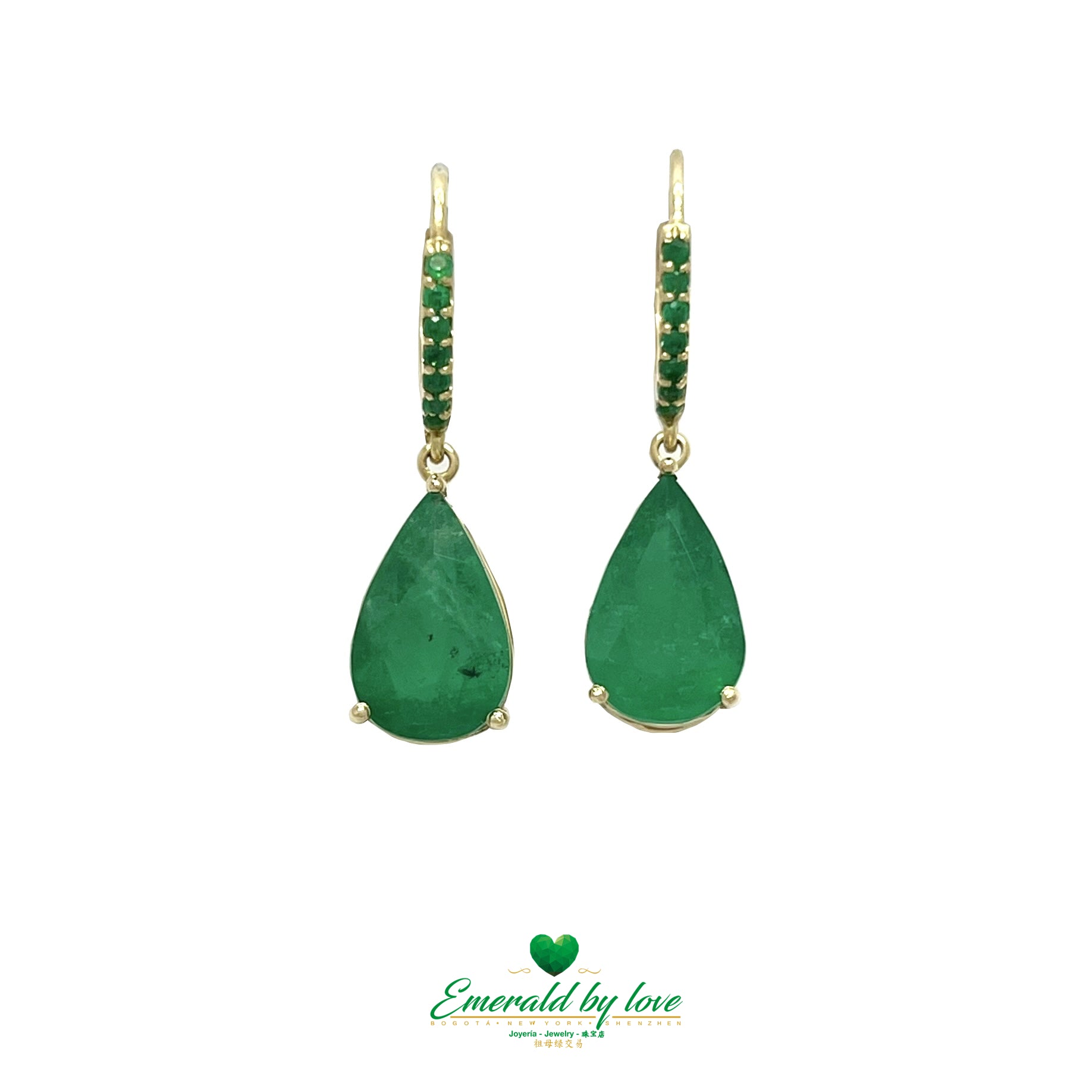 Spectacular Yellow Gold Drop Earrings with Large Pear-Shaped and Round Emeralds