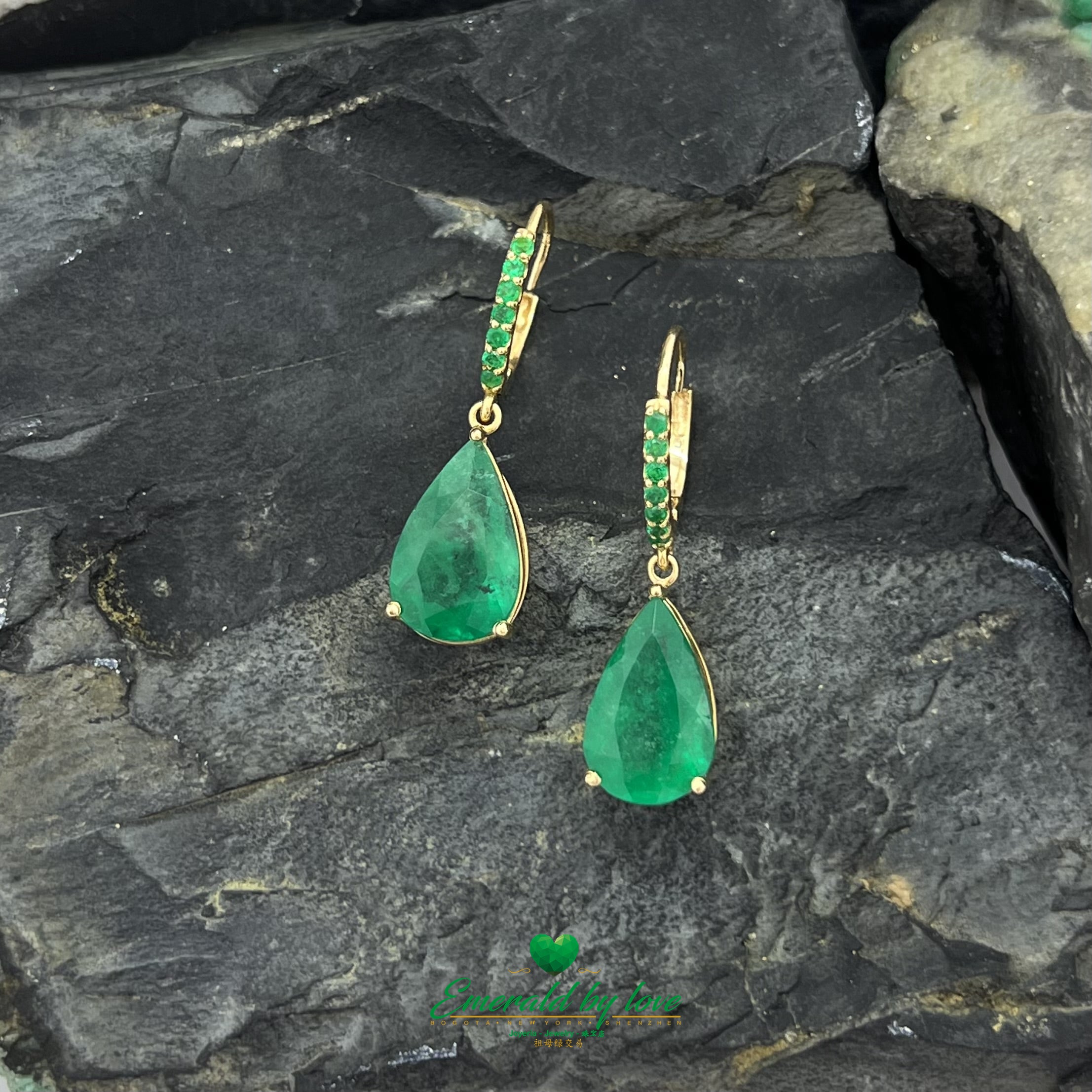 Spectacular Yellow Gold Drop Earrings with Large Pear-Shaped and Round Emeralds