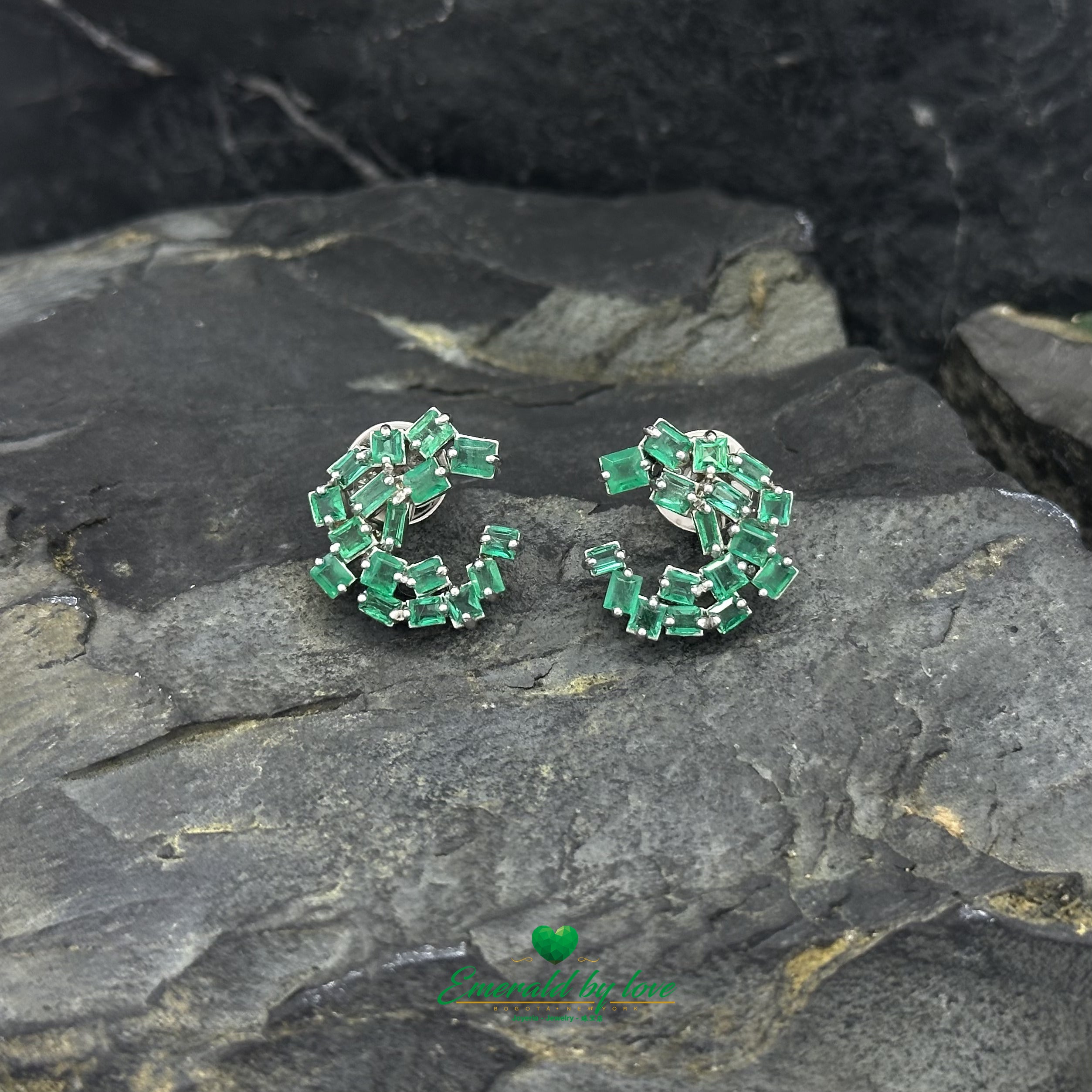 18K White Gold Crazy Hoop Earrings with Colombian Baguette Emeralds