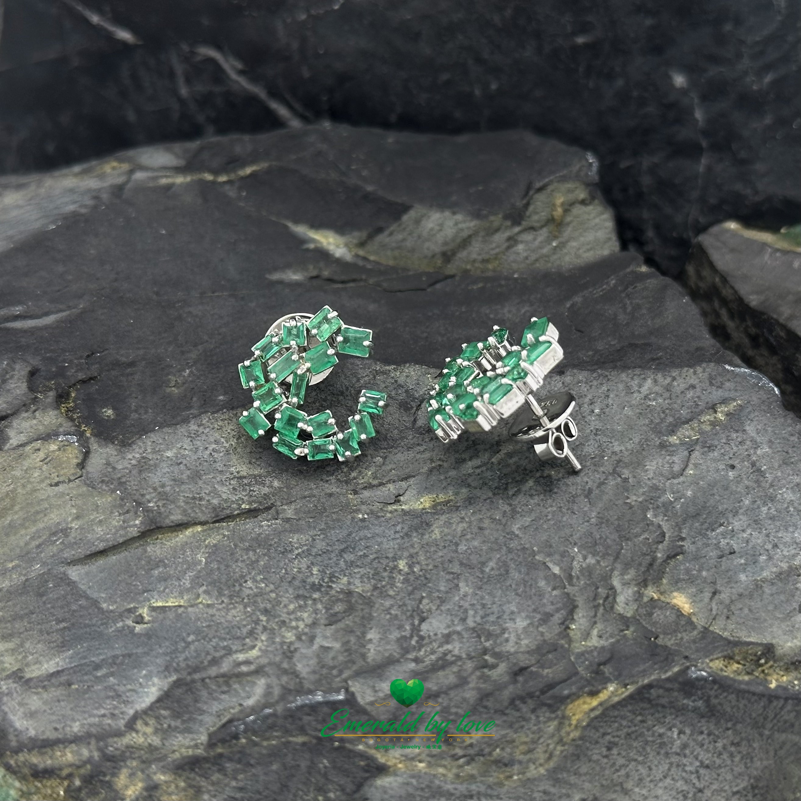 18K White Gold Crazy Hoop Earrings with Colombian Baguette Emeralds