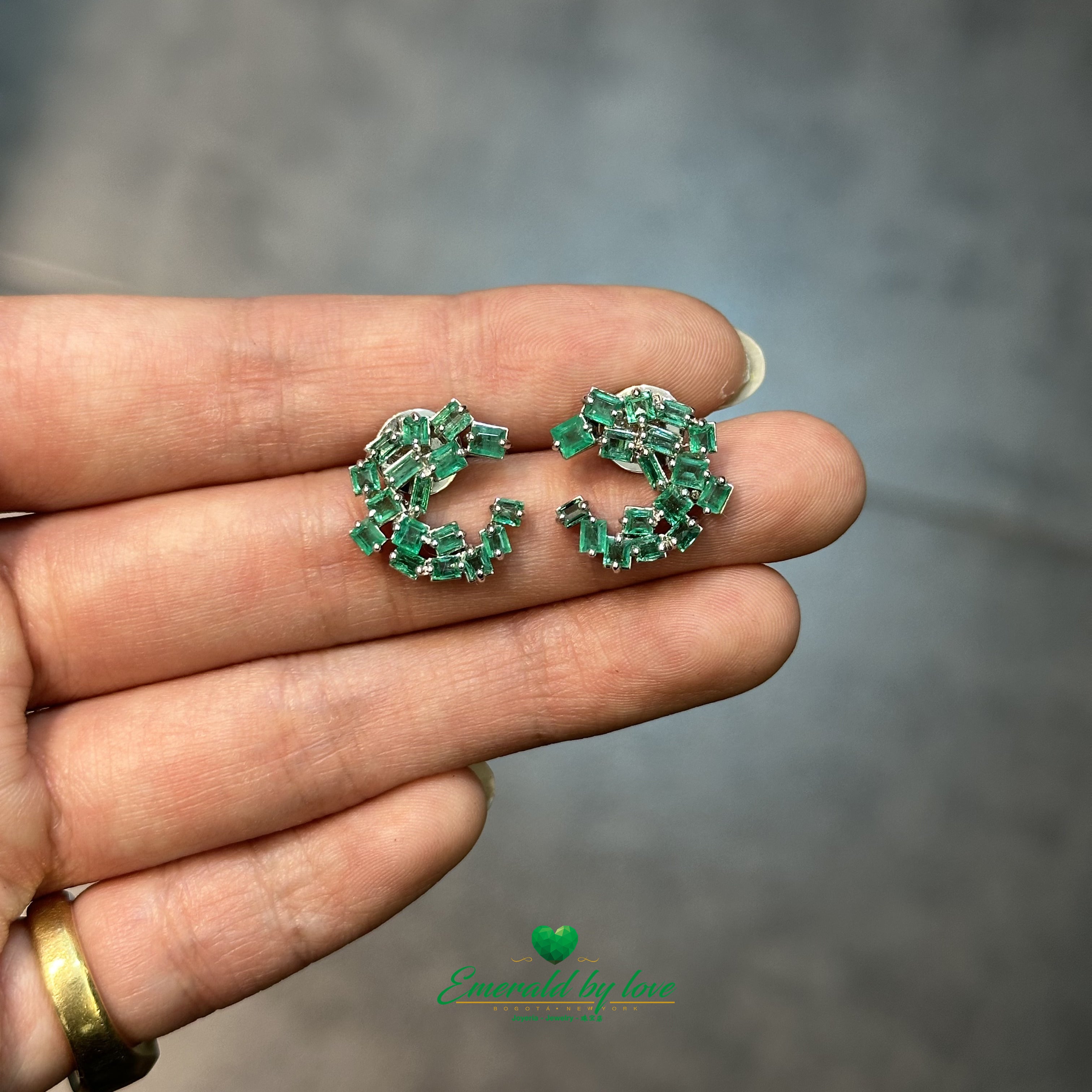 18K White Gold Crazy Hoop Earrings with Colombian Baguette Emeralds