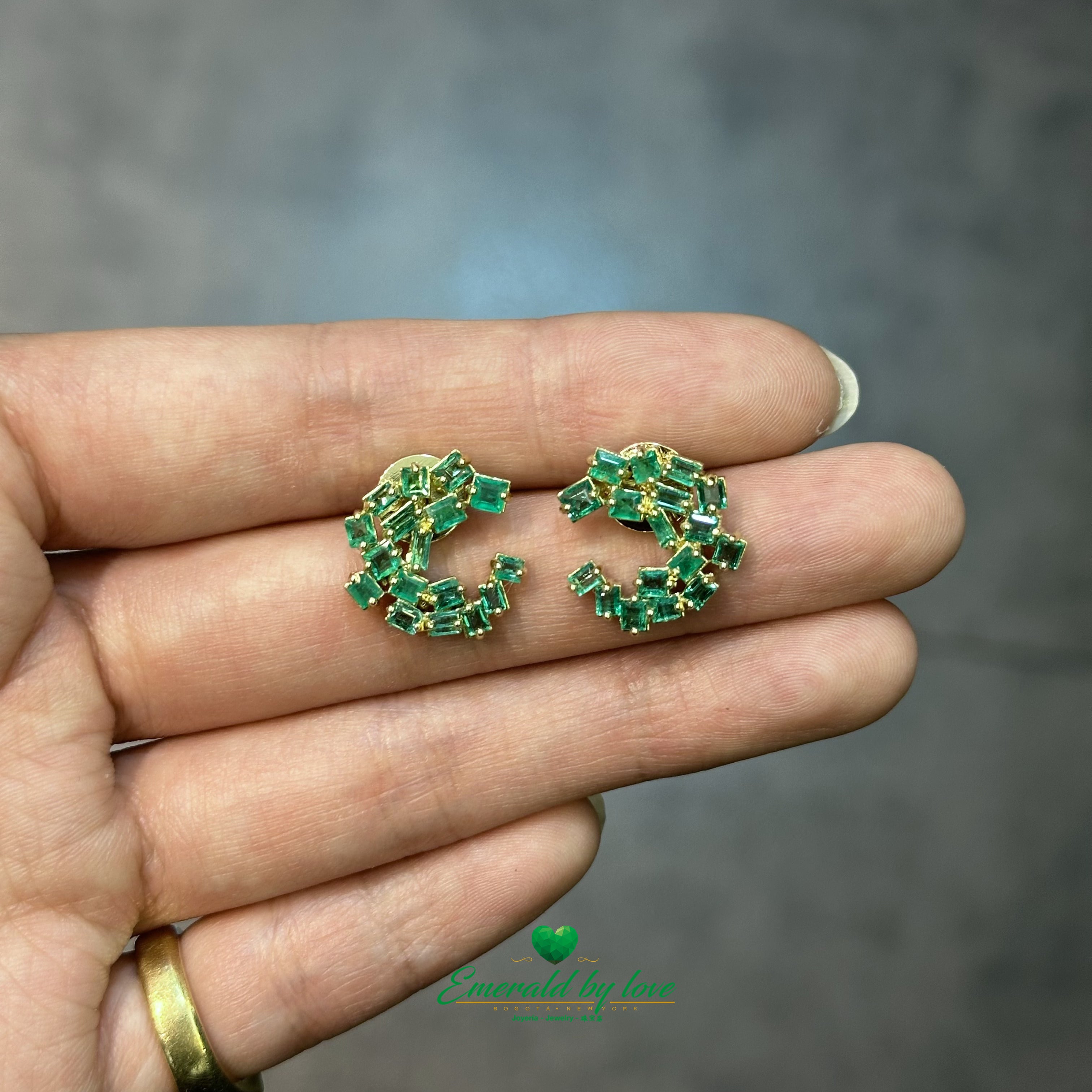 18K Yellow Gold Crazy Hoop Earrings with Colombian Baguette Emeralds