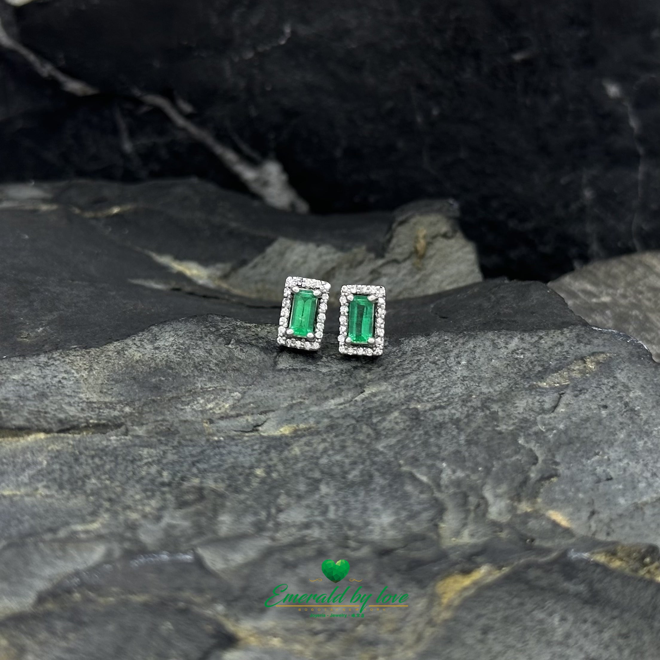 Delicate Marquise Earrings with Baguette Emeralds and Diamonds in 18K White Gold