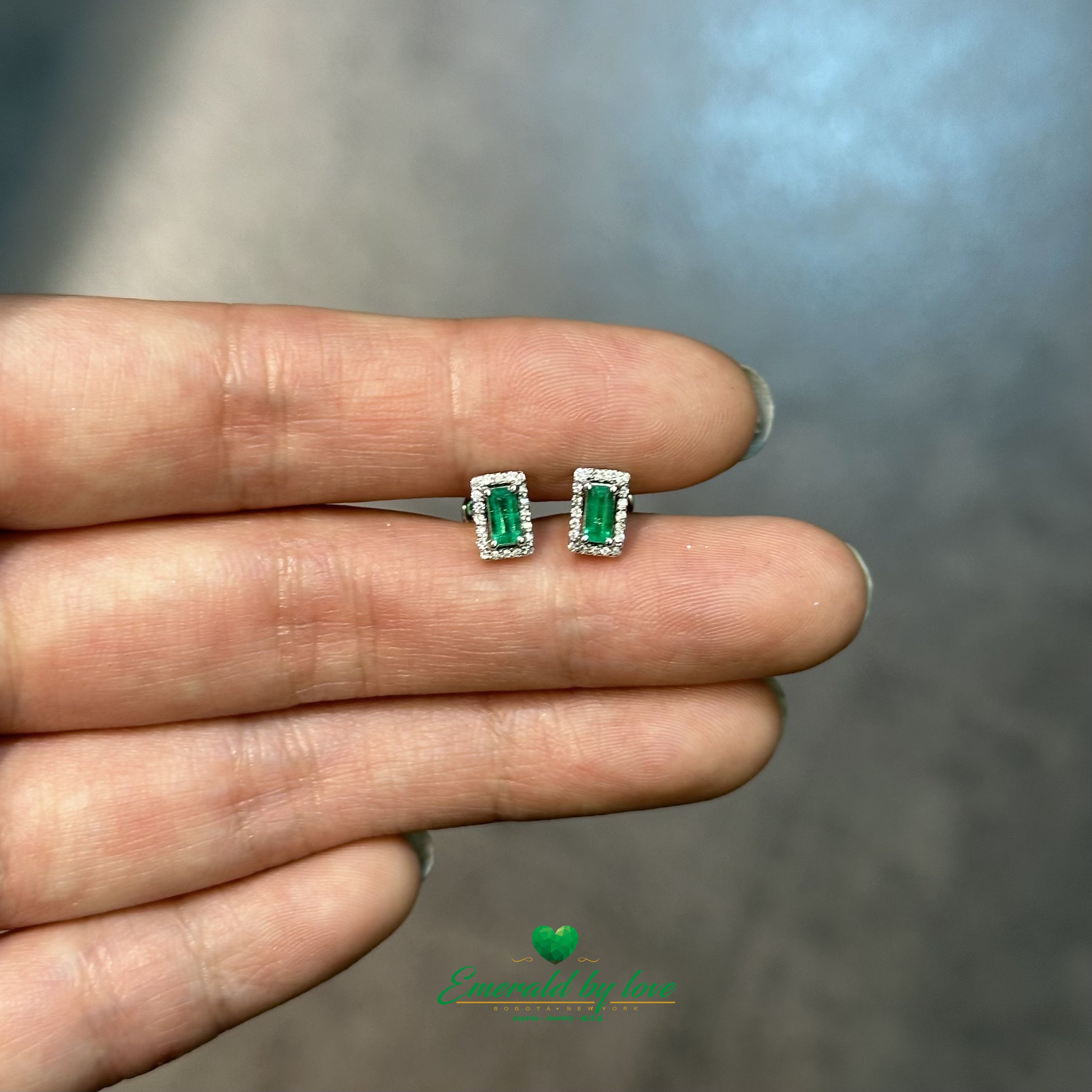 Delicate Marquise Earrings with Baguette Emeralds and Diamonds in 18K White Gold