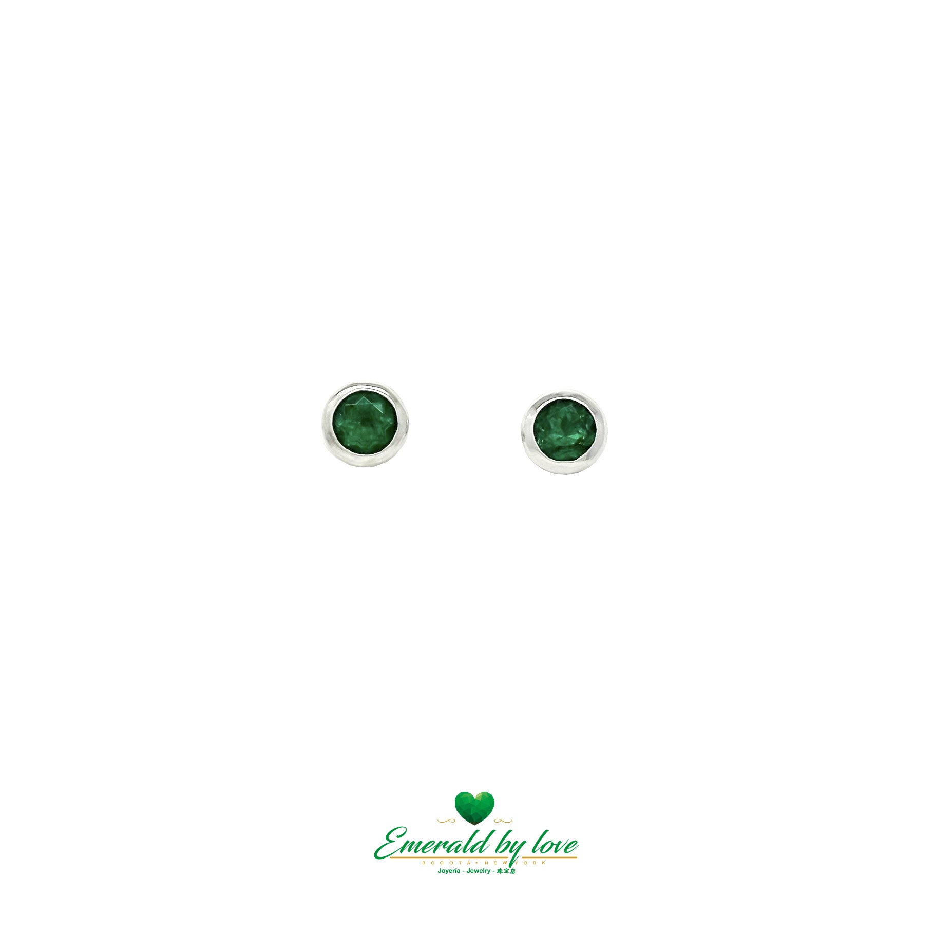 Elegant White Gold Earrings with Round High-Quality Emeralds in Bezel Setting