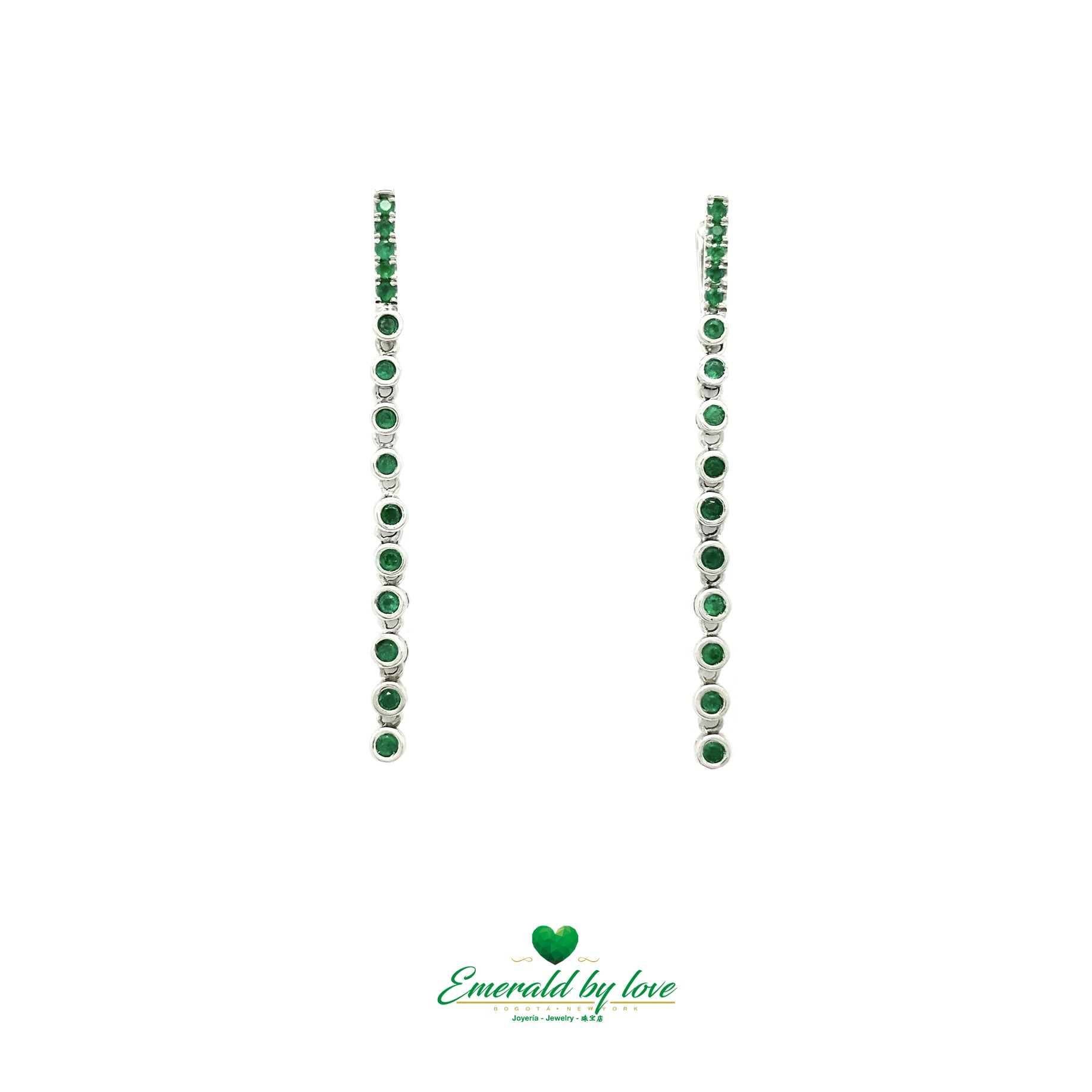 Elongated White Gold Earrings with Round Emeralds in Bezel Setting