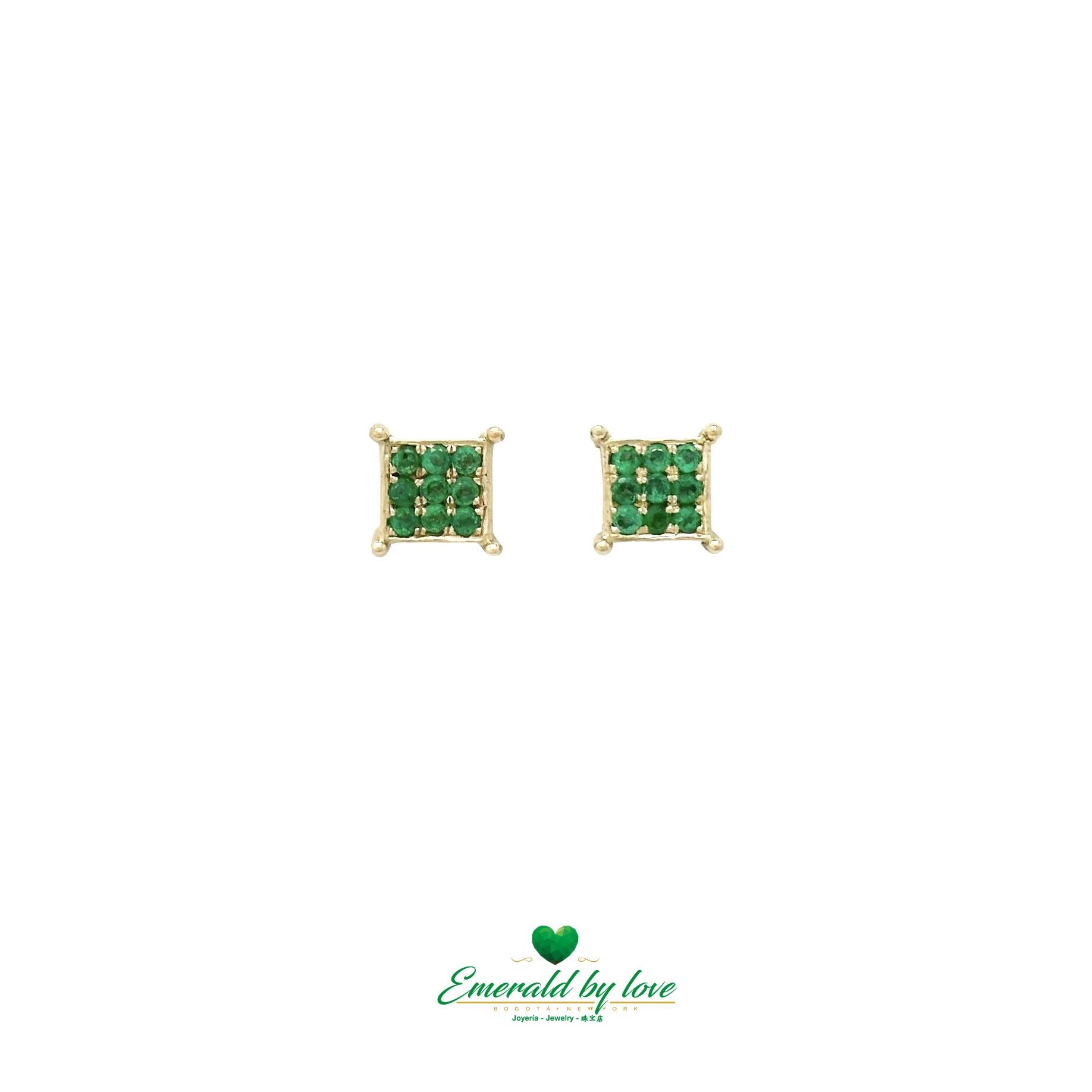 Yellow Gold Square Earrings with Tiny Round Emeralds at the Tips