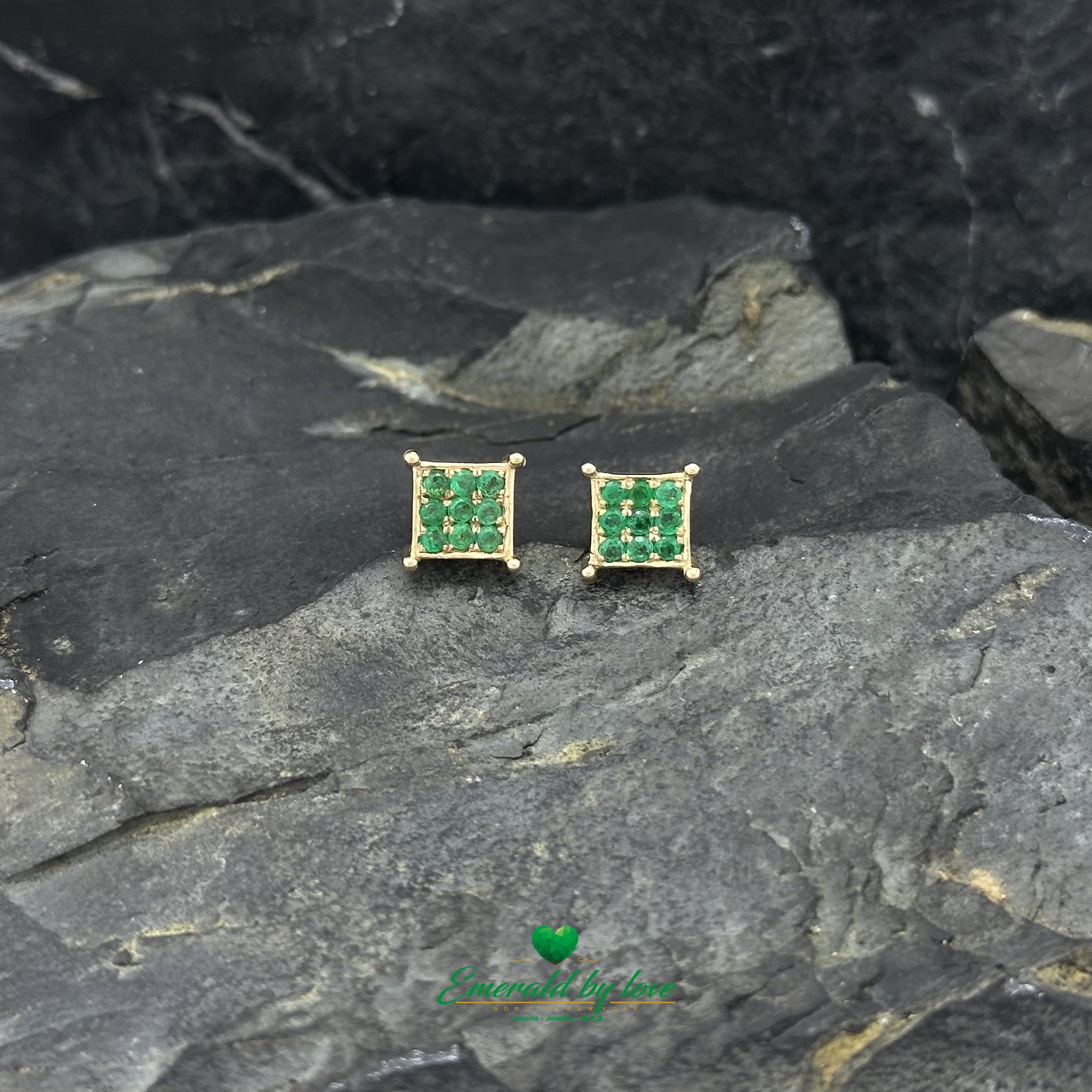 Yellow Gold Square Earrings with Tiny Round Emeralds at the Tips