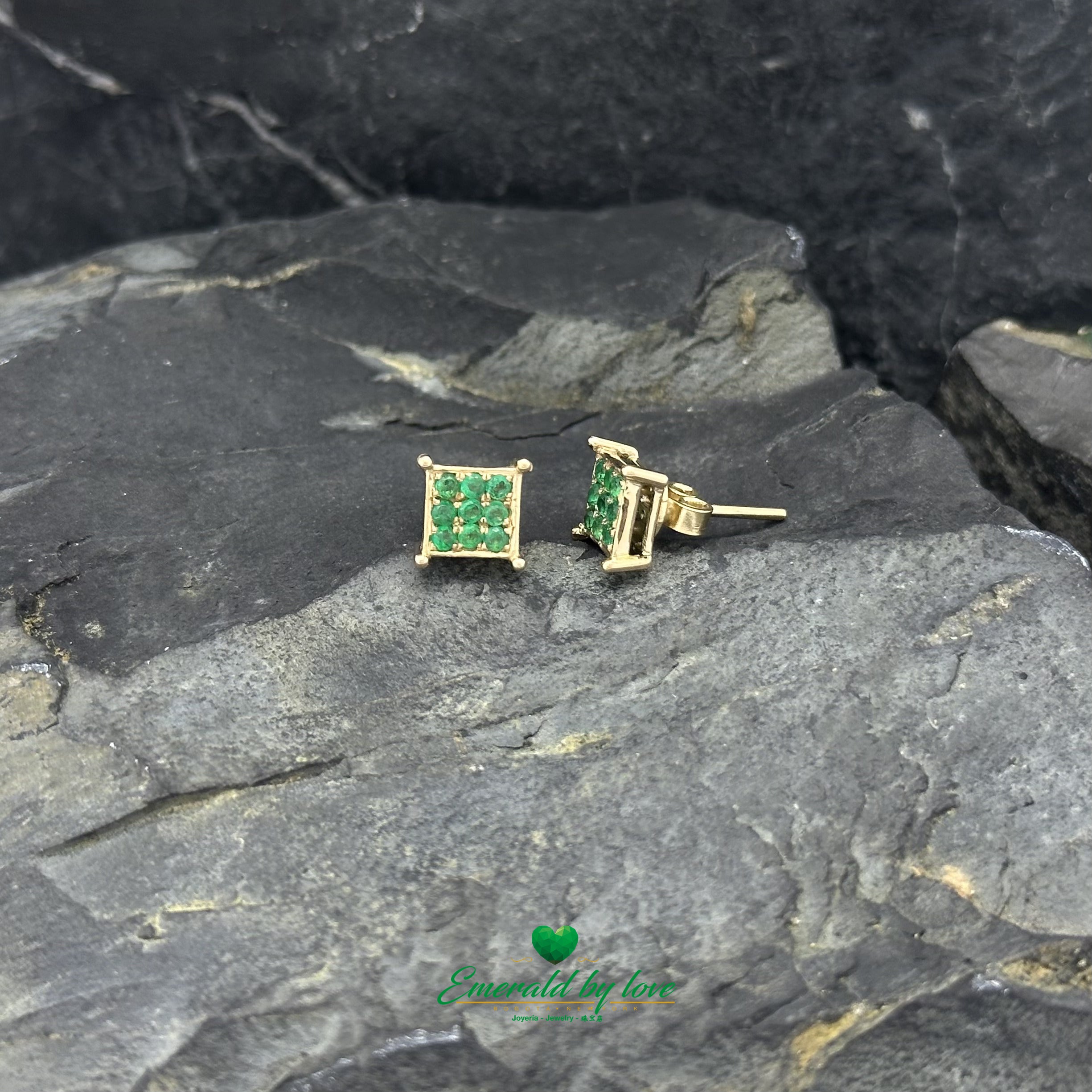 Yellow Gold Square Earrings with Tiny Round Emeralds at the Tips