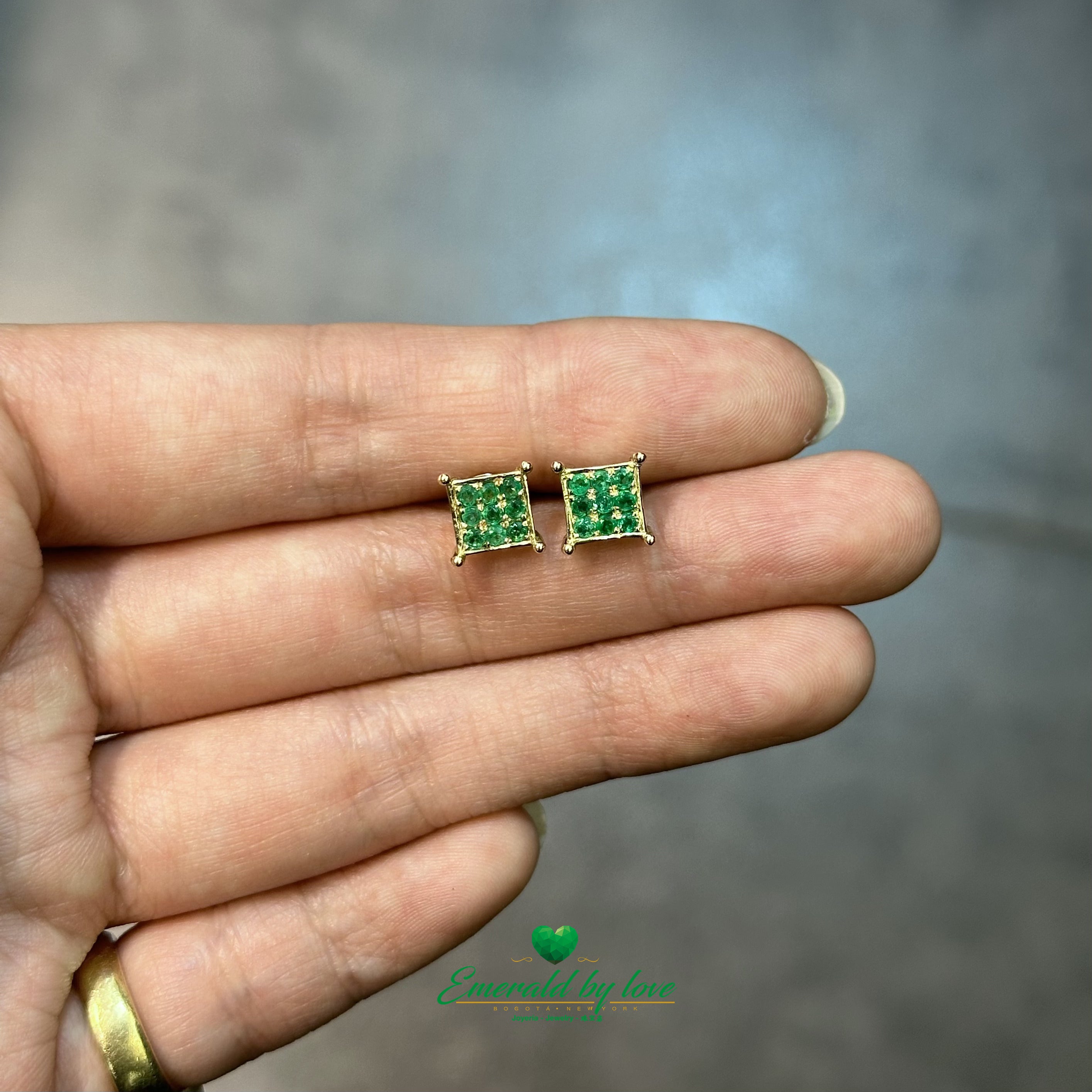 Yellow Gold Square Earrings with Tiny Round Emeralds at the Tips