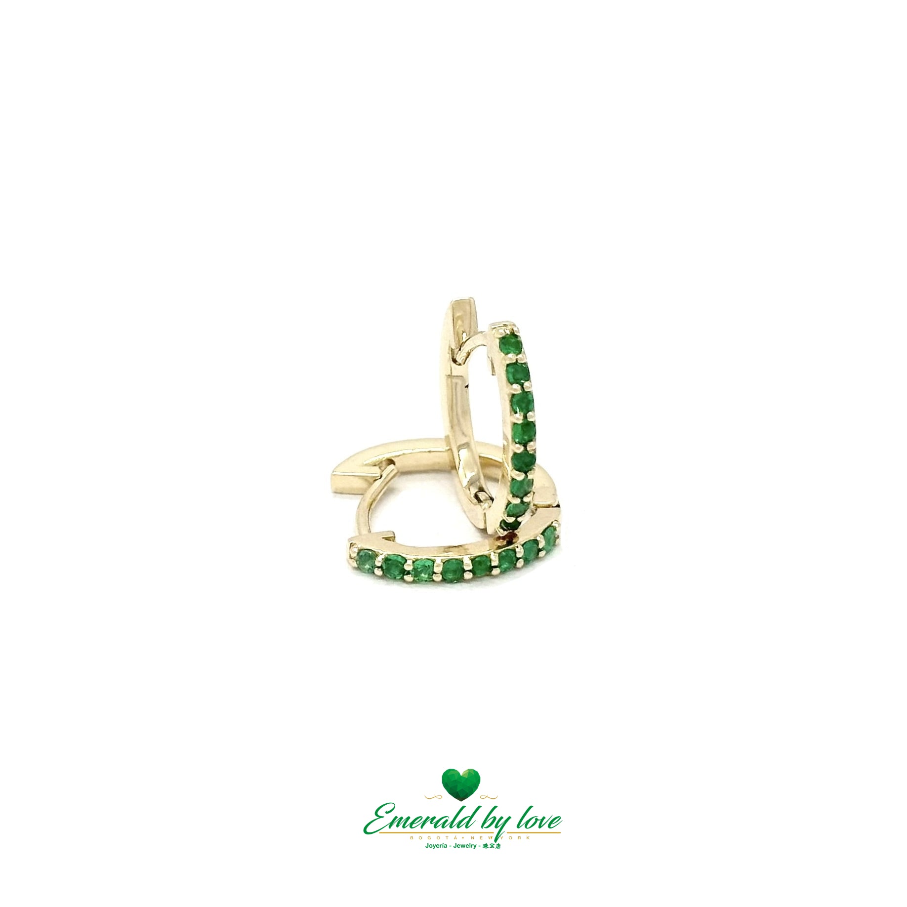 Stunning Yellow Gold Hoop Earrings with Colombian Round Emeralds in Prong Setting