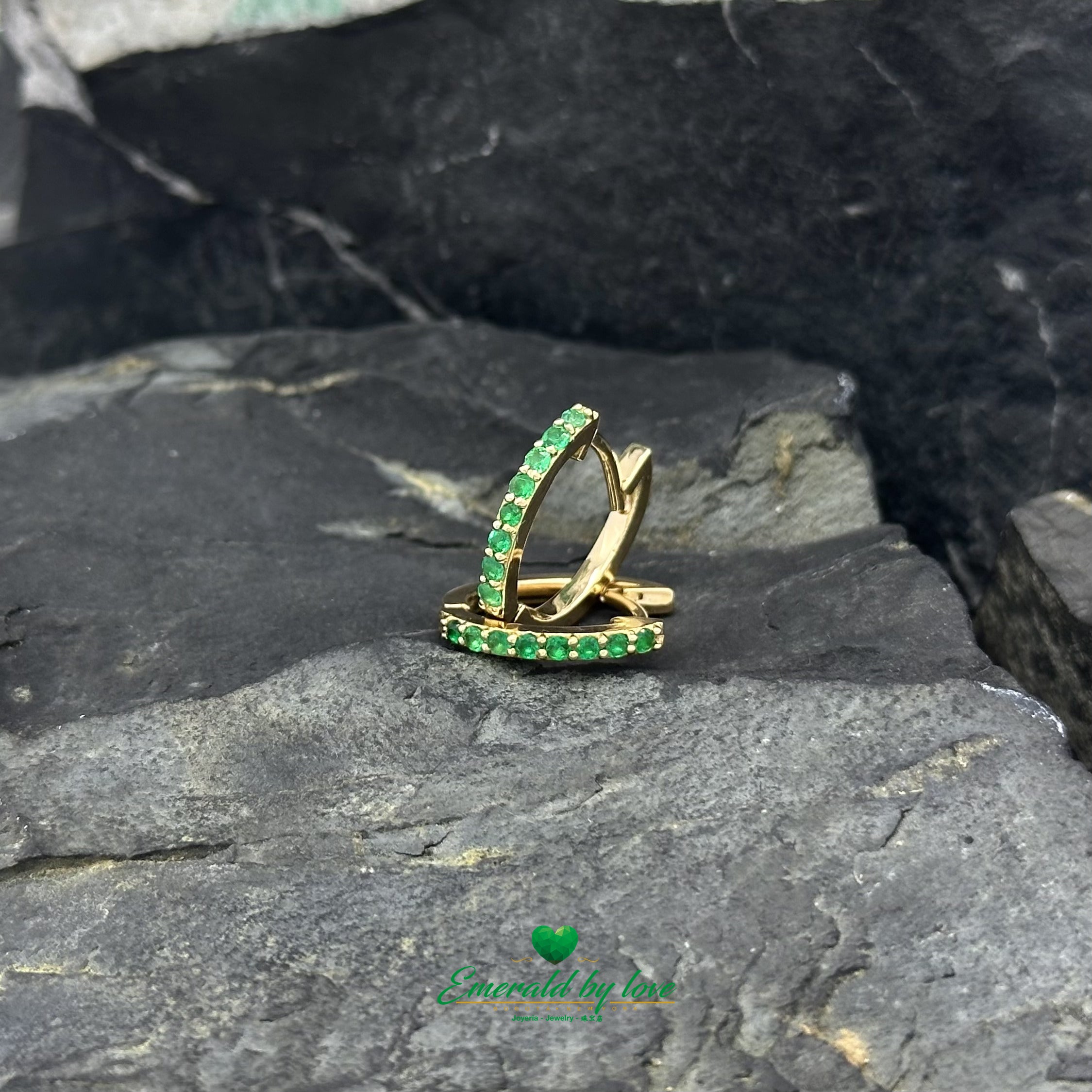 Stunning Yellow Gold Hoop Earrings with Colombian Round Emeralds in Prong Setting