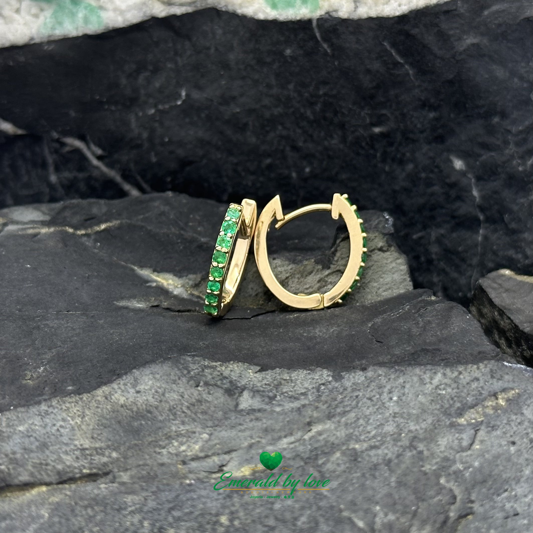 Stunning Yellow Gold Hoop Earrings with Colombian Round Emeralds in Prong Setting