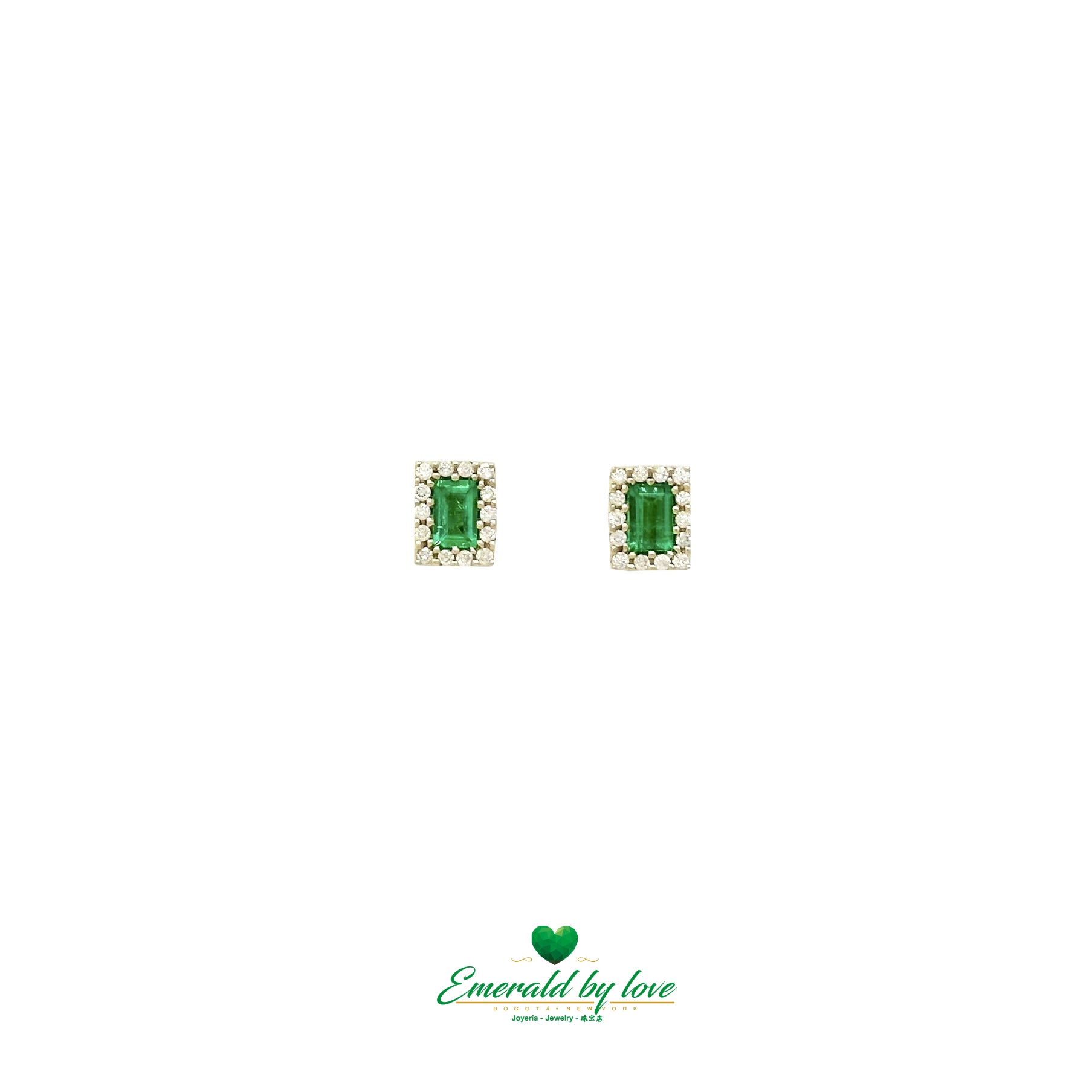 Marquise Small Earrings with Rectangular Emerald and Diamond Halo in Yellow