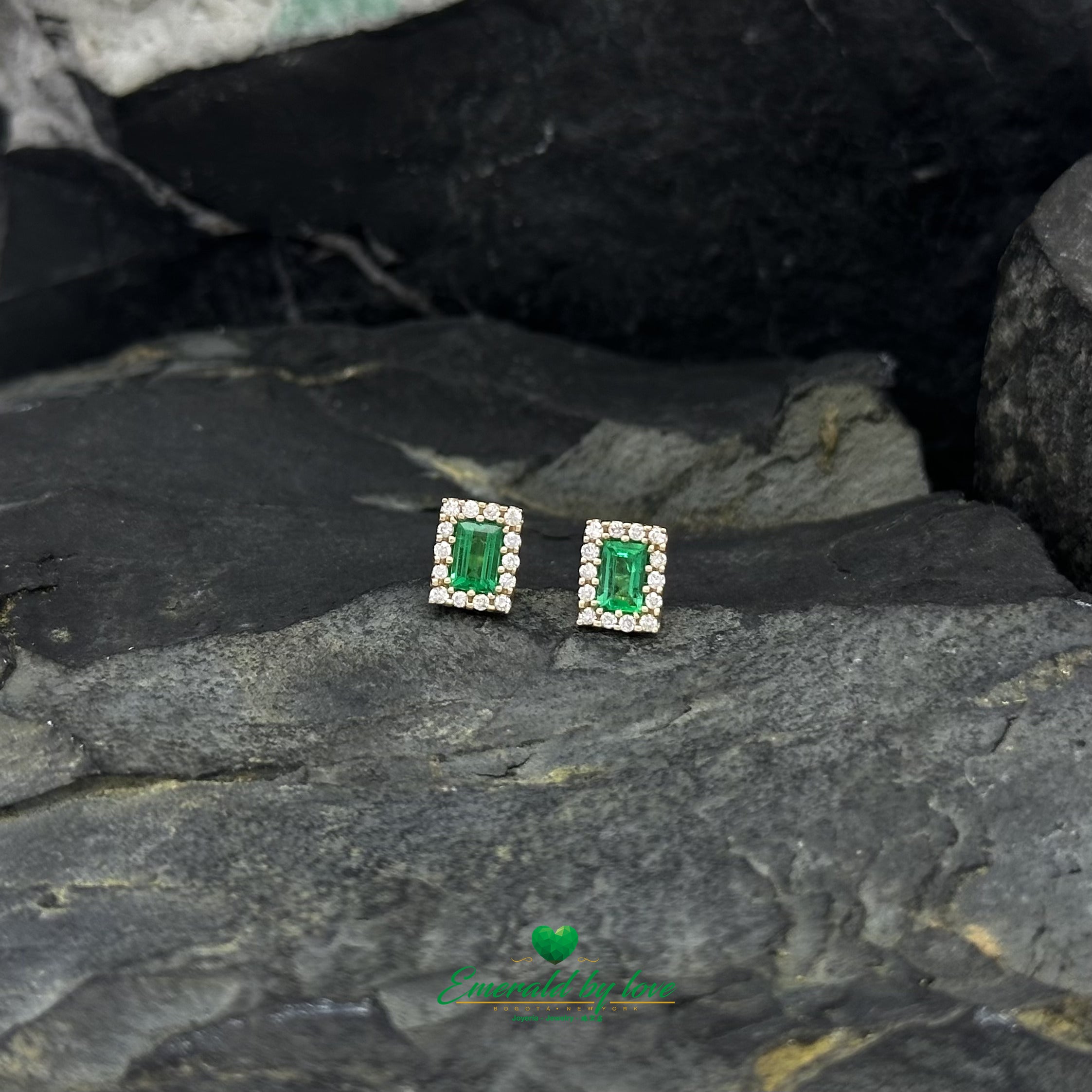 Marquise Small Earrings with Rectangular Emerald and Diamond Halo in Yellow