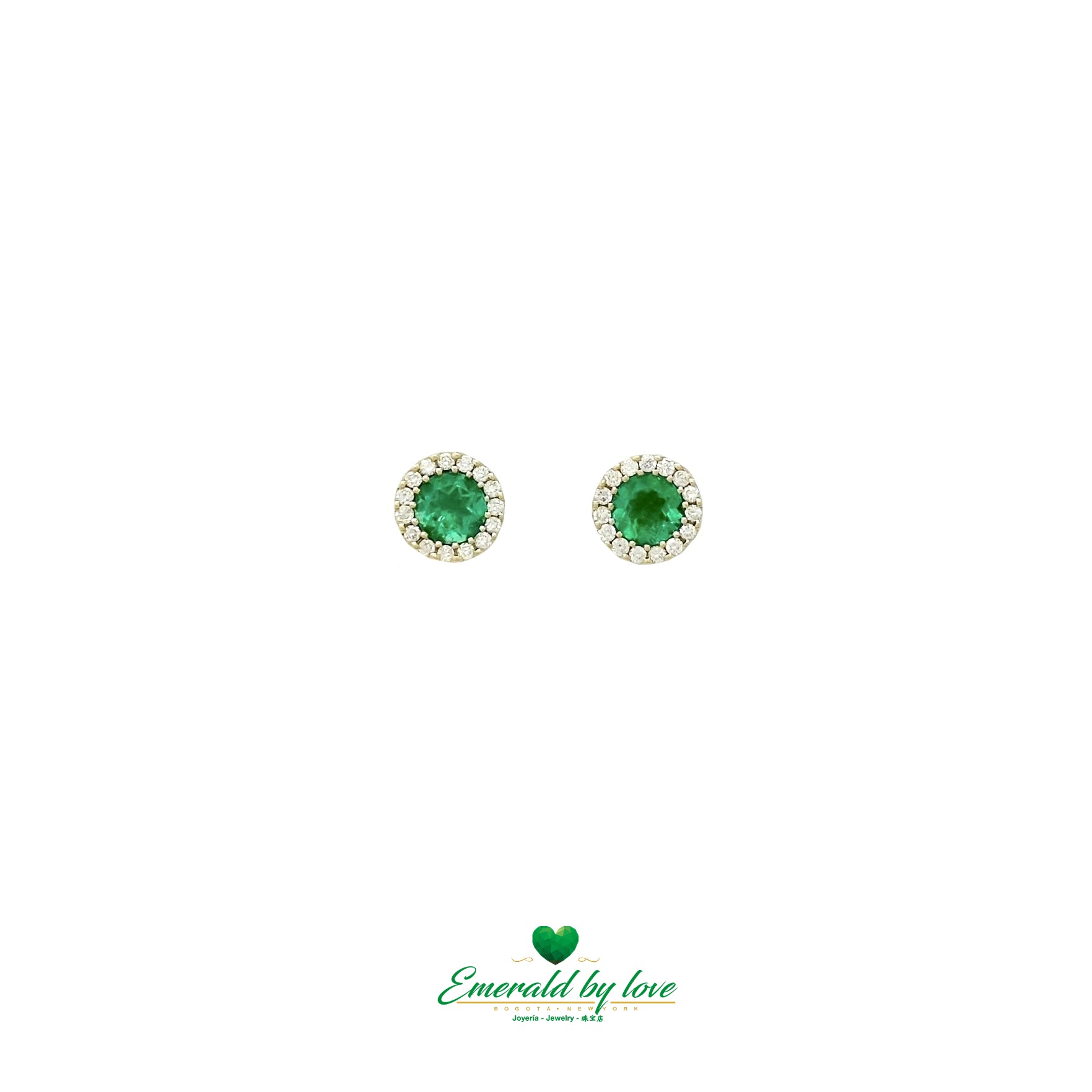 Yellow Gold Earrings with Round Emerald Center and Diamond Cluster Surround