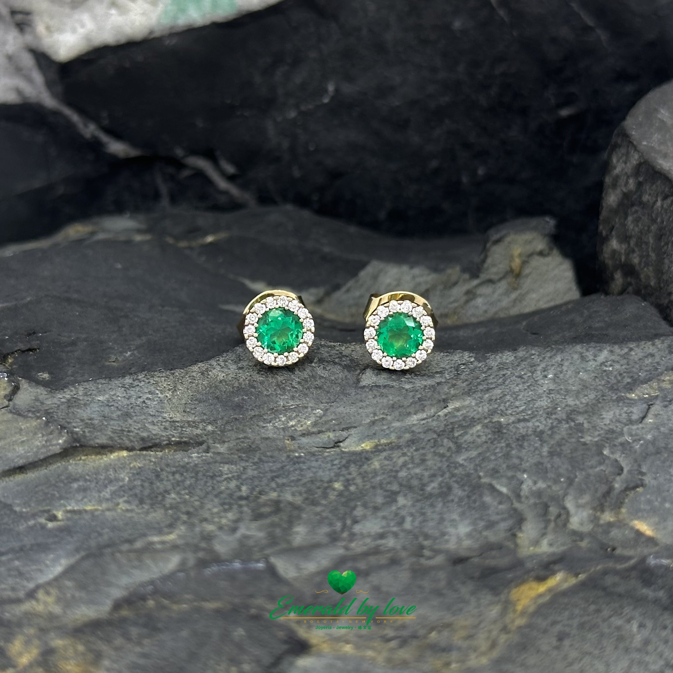 Yellow Gold Earrings with Round Emerald Center and Diamond Cluster Surround