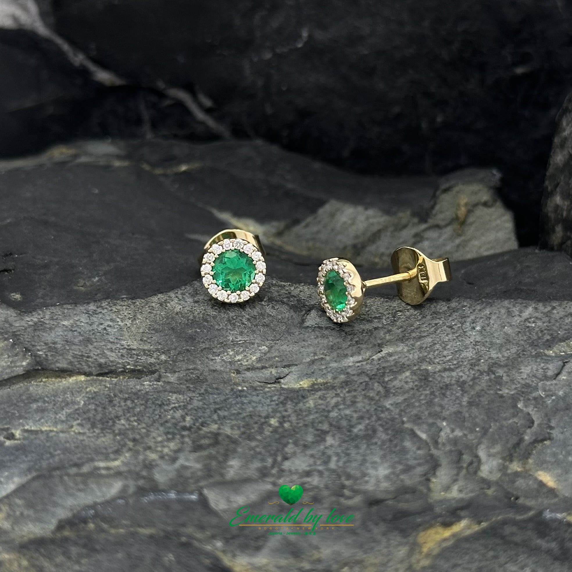 Yellow Gold Earrings with Round Emerald Center and Diamond Cluster Surround