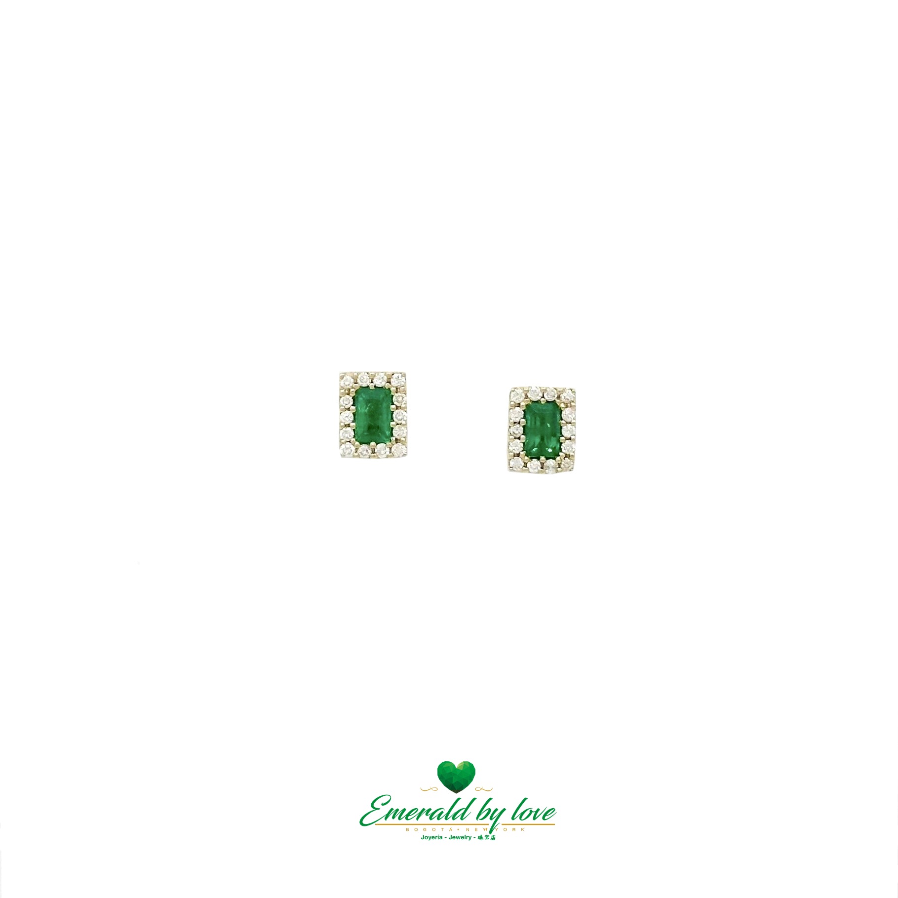 Yellow Gold Earrings with Baguette Emerald Center and Diamond Cluster Surround