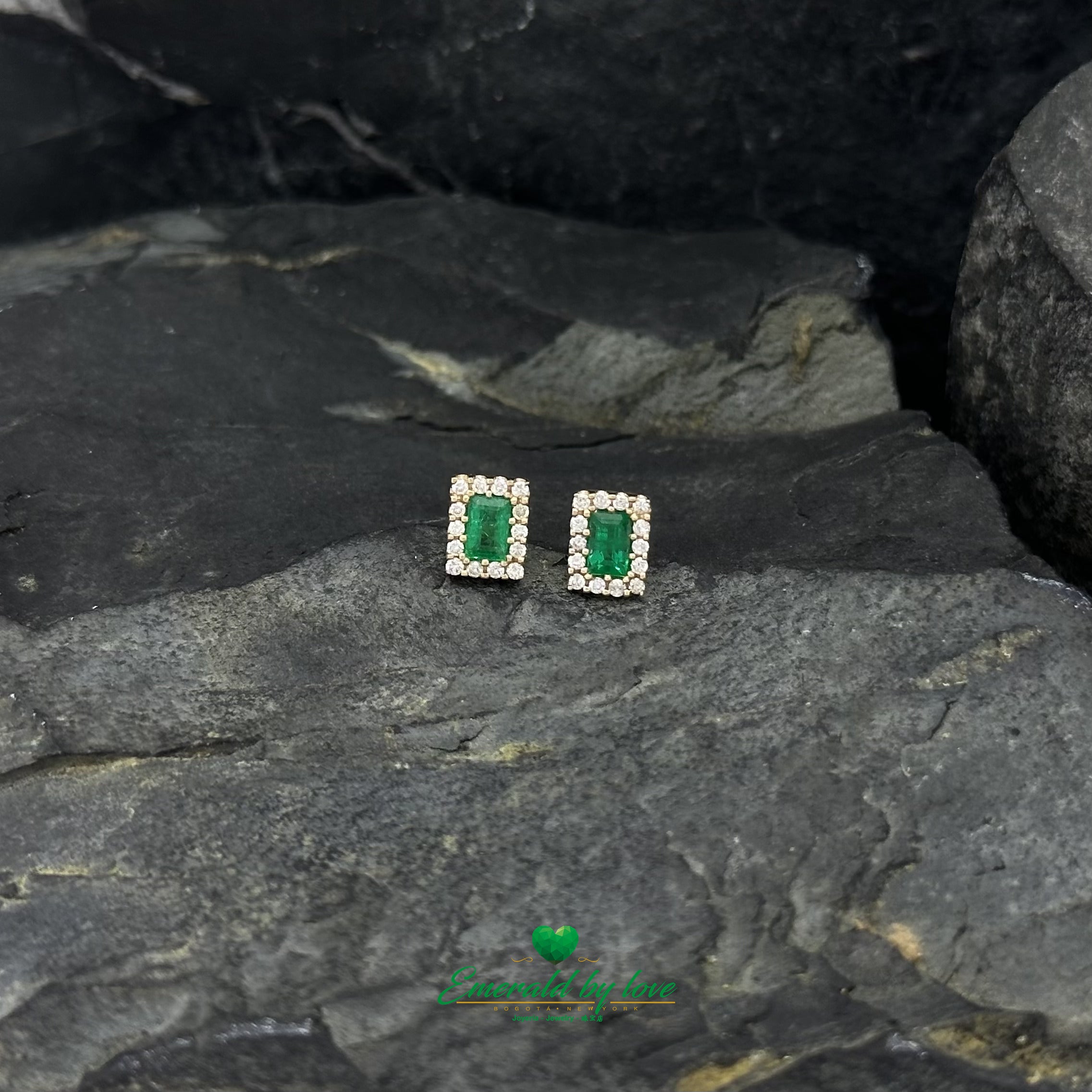 Yellow Gold Earrings with Baguette Emerald Center and Diamond Cluster Surround