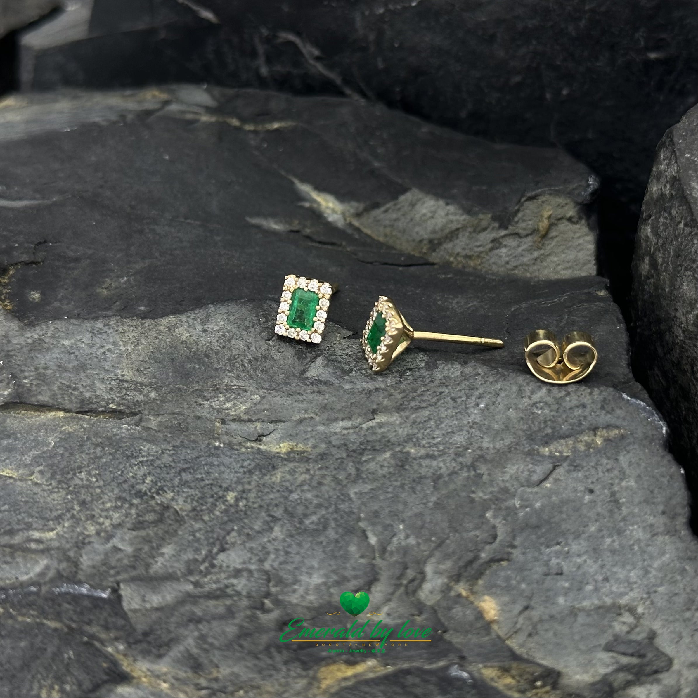 Yellow Gold Earrings with Baguette Emerald Center and Diamond Cluster Surround