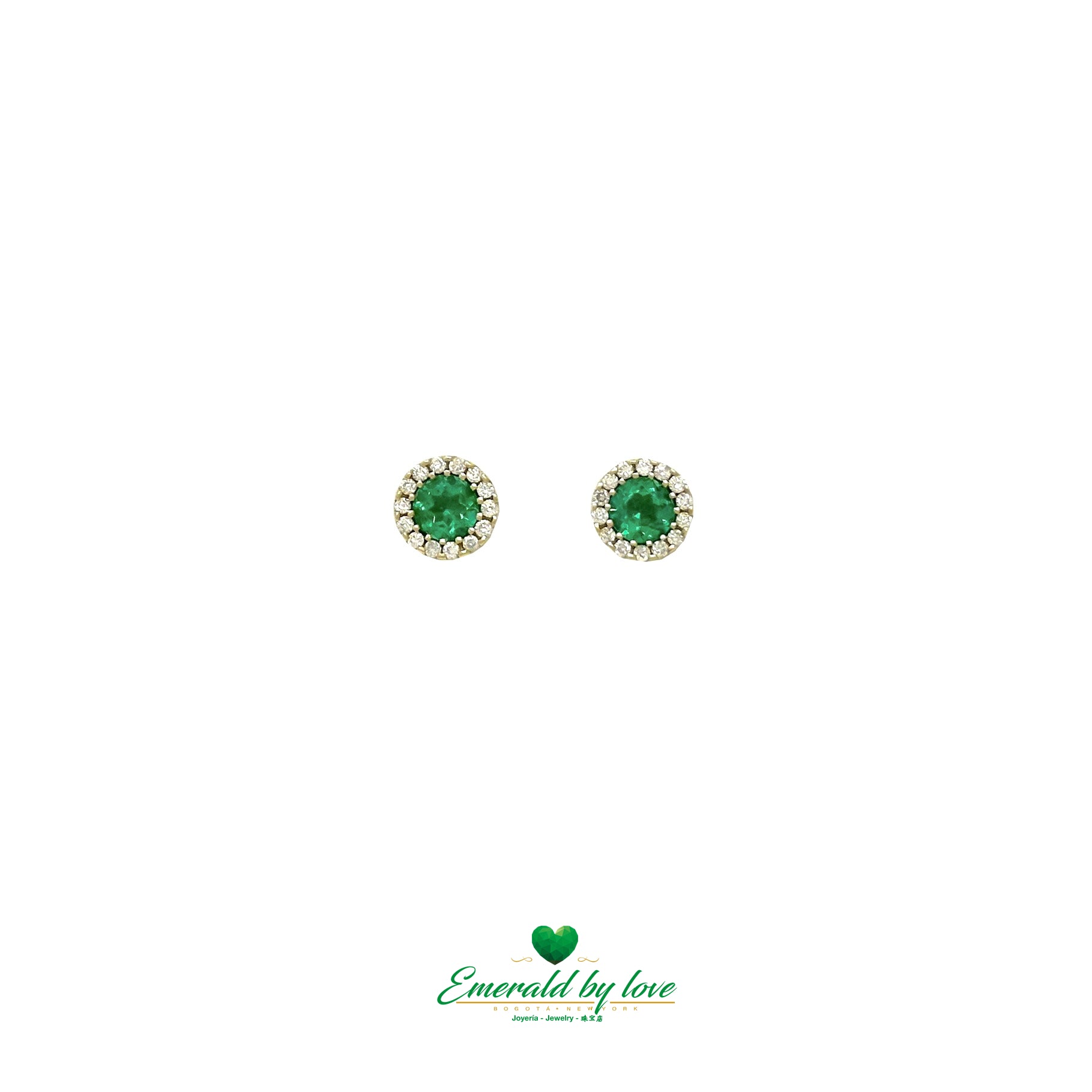 Yellow Gold Earrings with 0.5 tcw Round Emeralds and 28 Diamond Accents