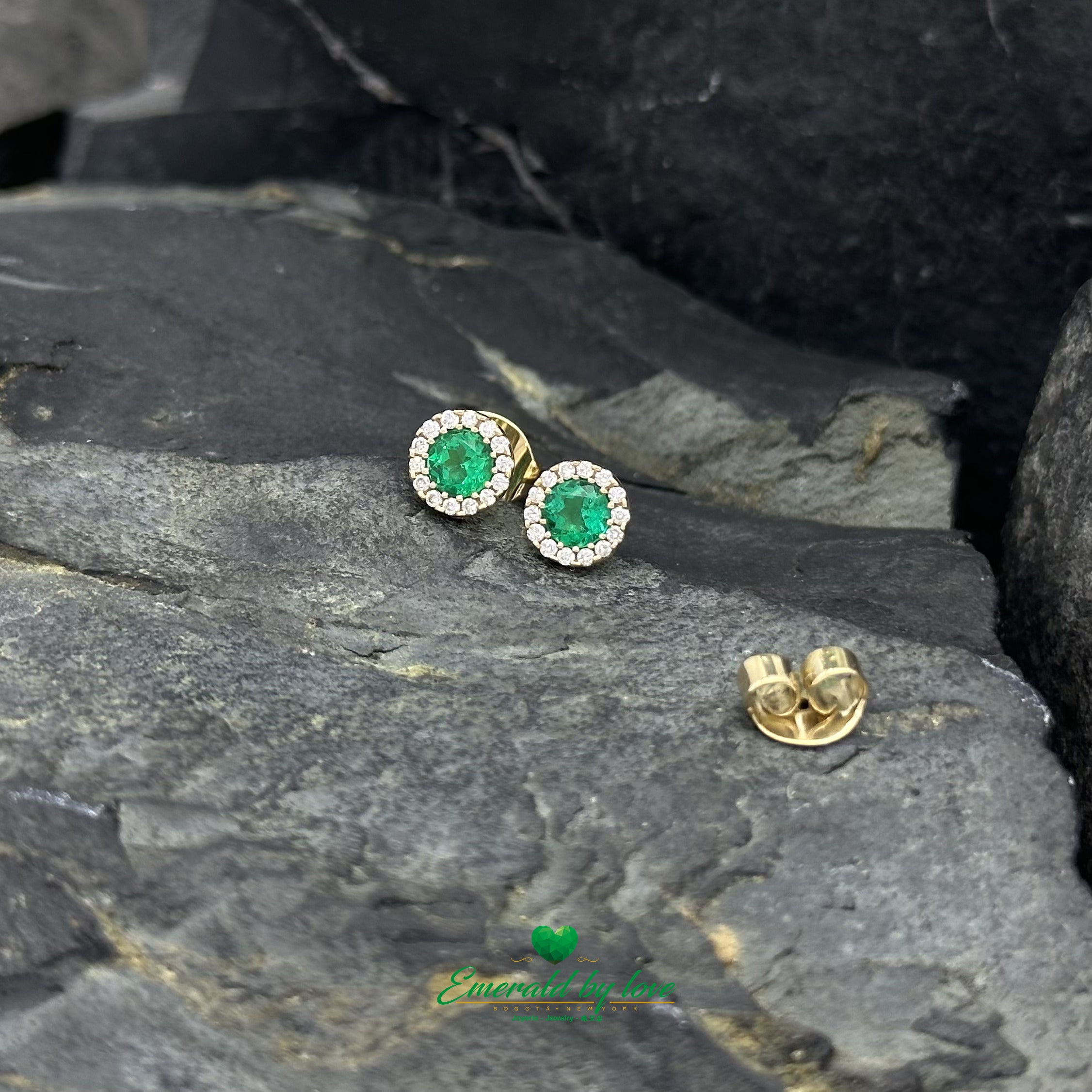 Yellow Gold Earrings with 0.5 tcw Round Emeralds and 28 Diamond Accents