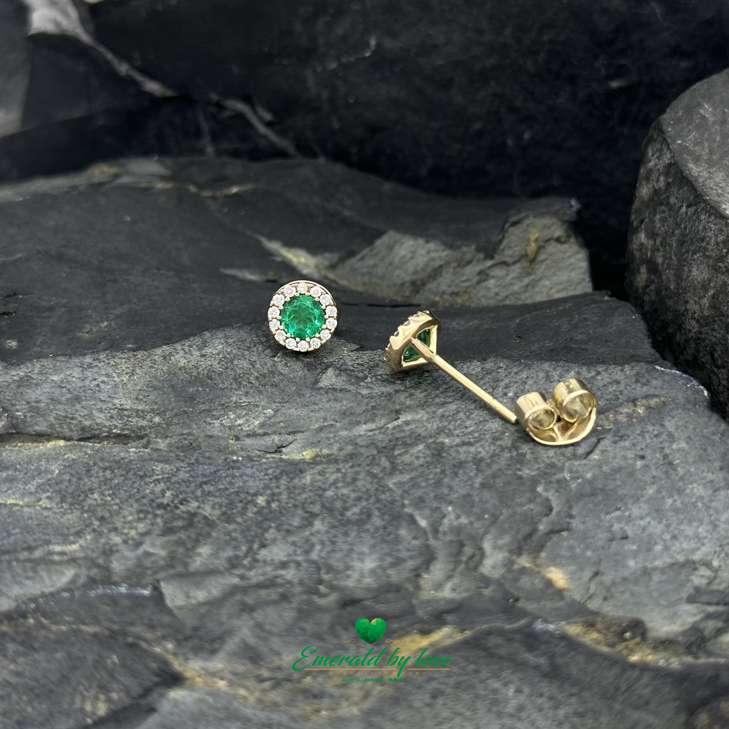 Yellow Gold Earrings with 0.5 tcw Round Emeralds and 28 Diamond Accents