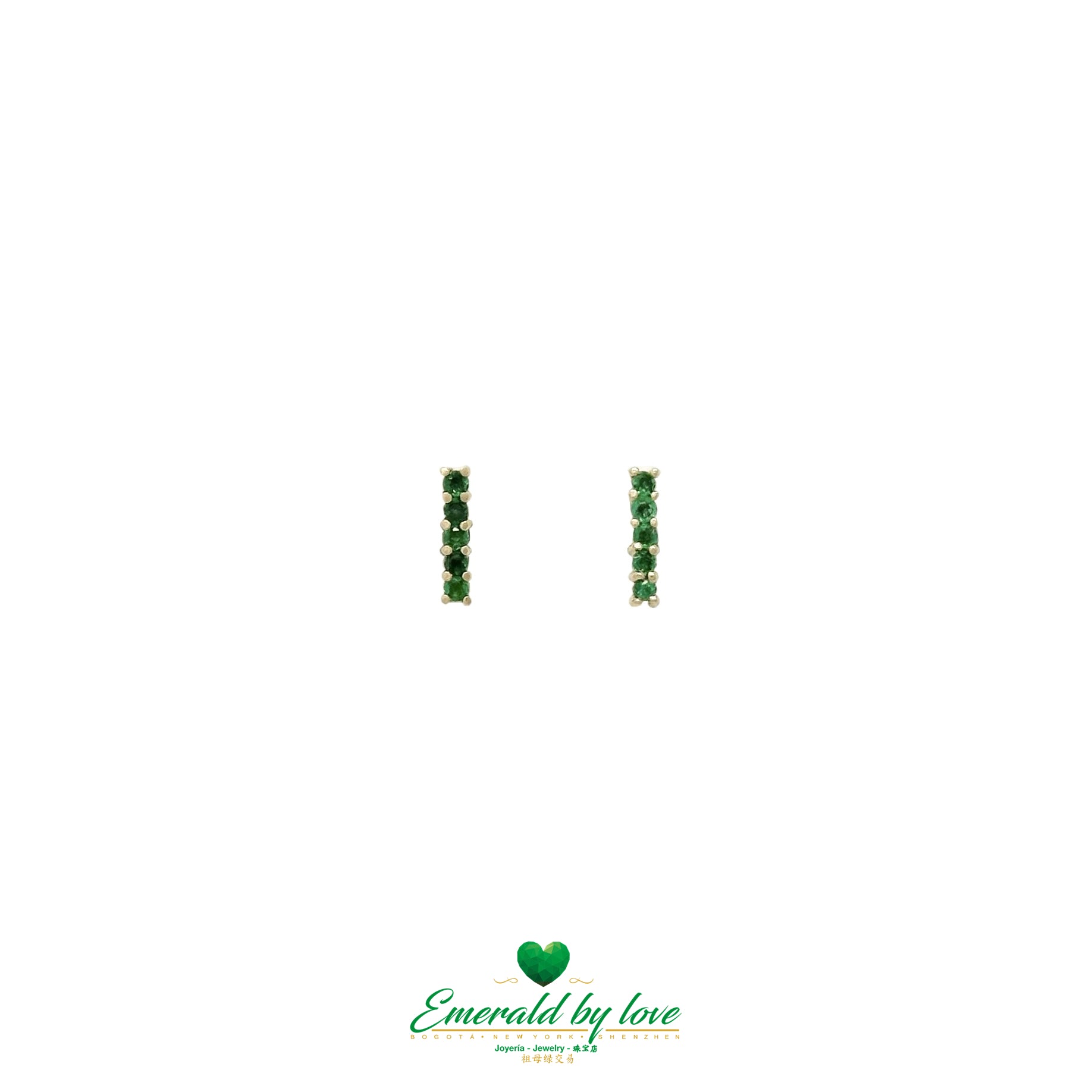 Straight Line Stud Earrings with Round Colombian Emeralds in 18K Yellow Gold