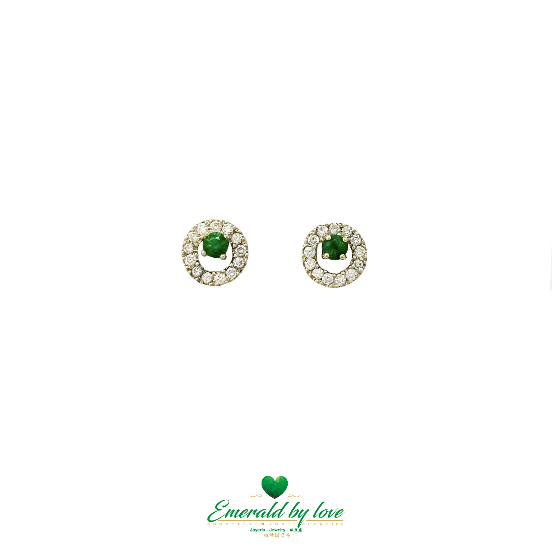 Round Emerald and Diamond Halo Earrings in 18K Yellow Gold