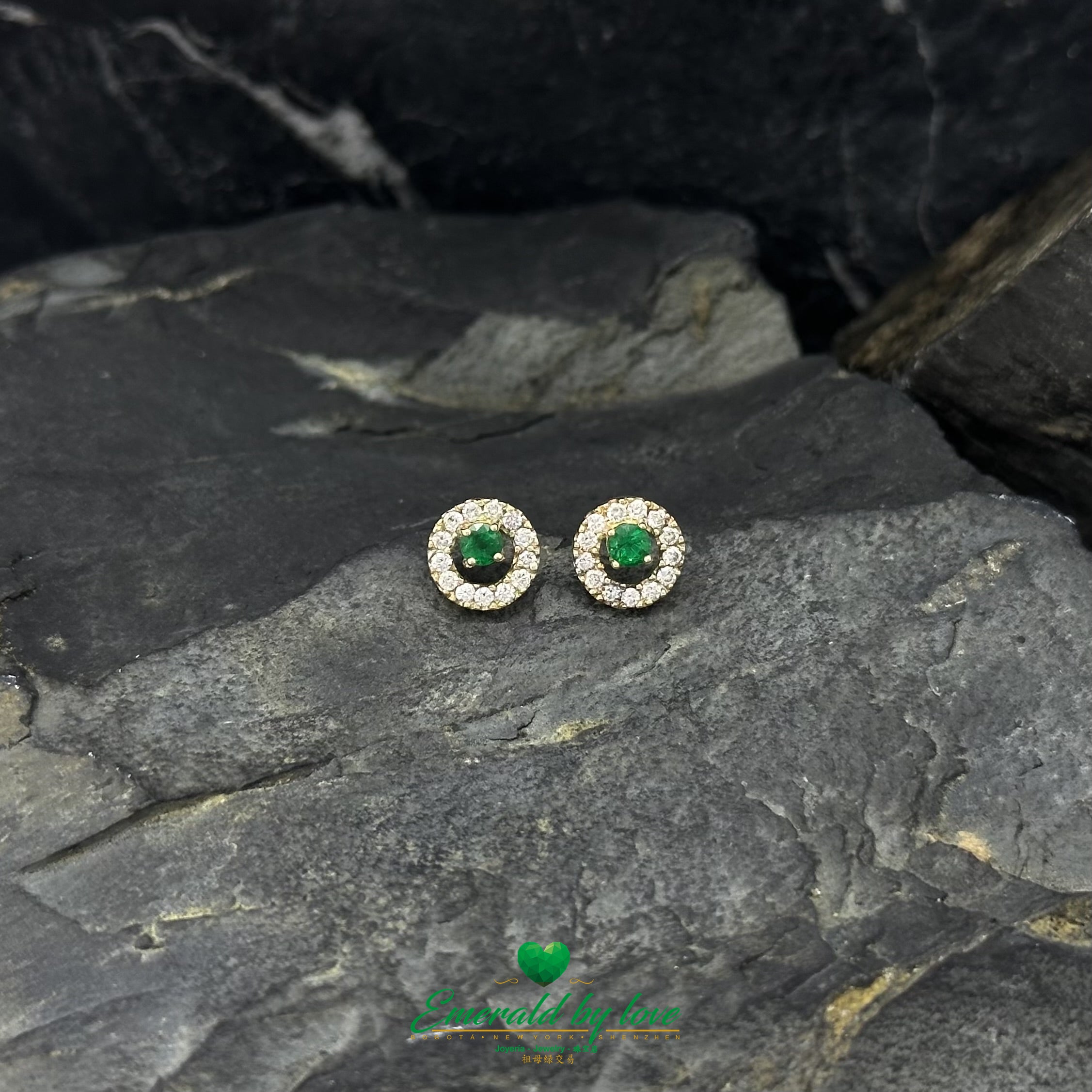 Round Emerald and Diamond Halo Earrings in 18K Yellow Gold