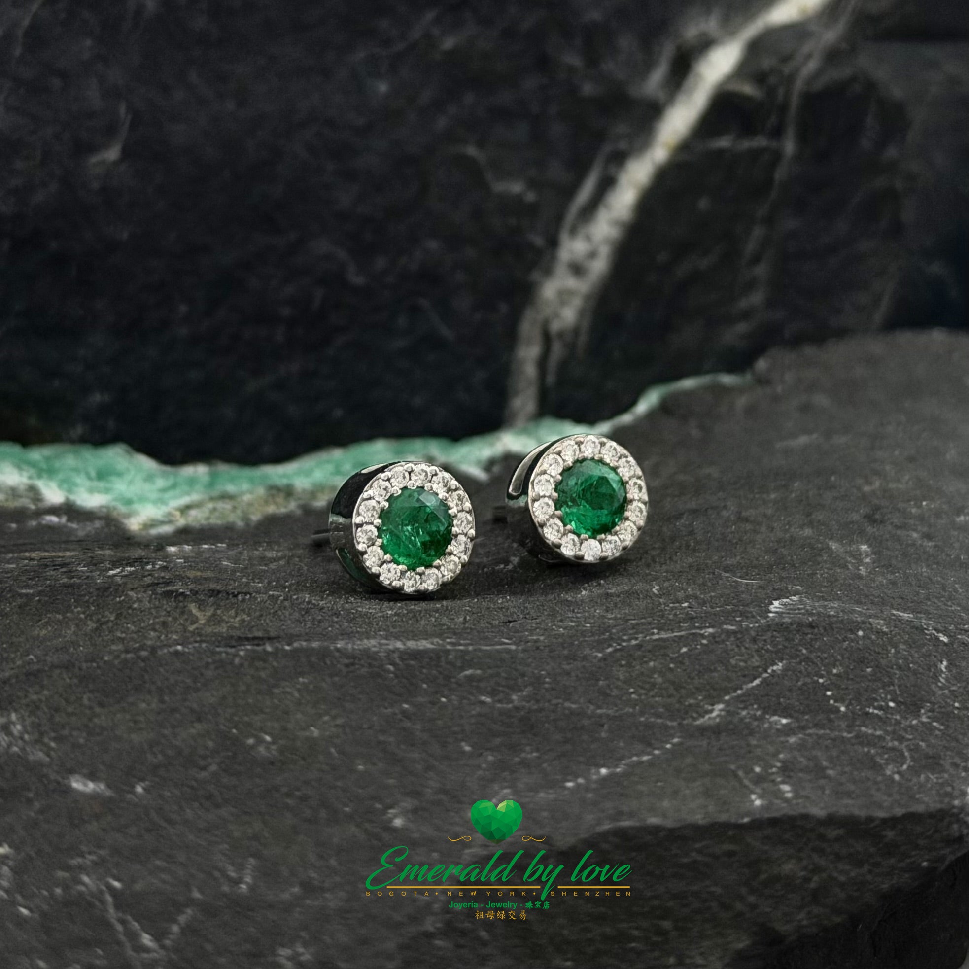 White Gold Round Marquise Earrings with Emerald and Diamonds