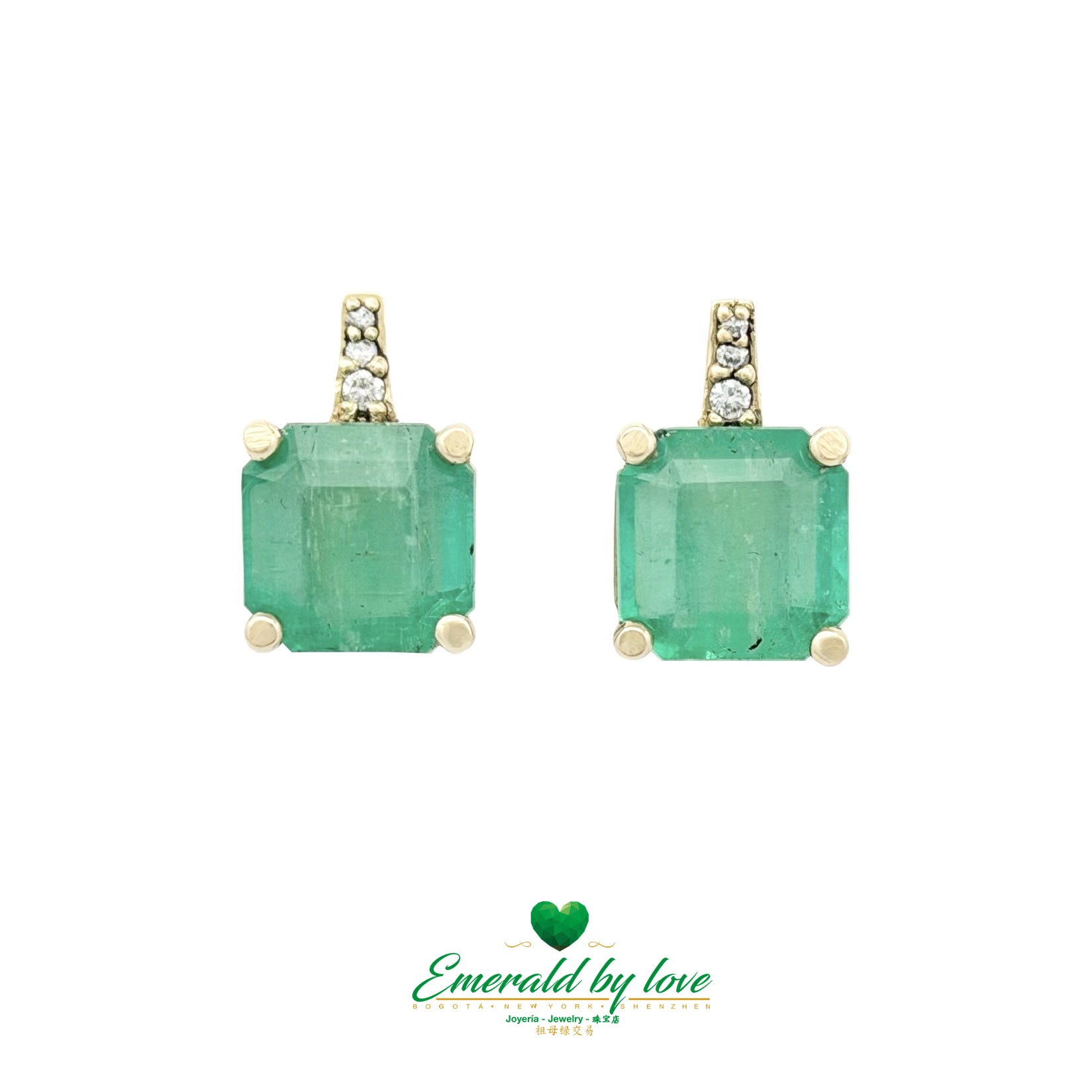 Elegant White Gold Earrings with Large Square Crystal Emeralds and Diamond Line