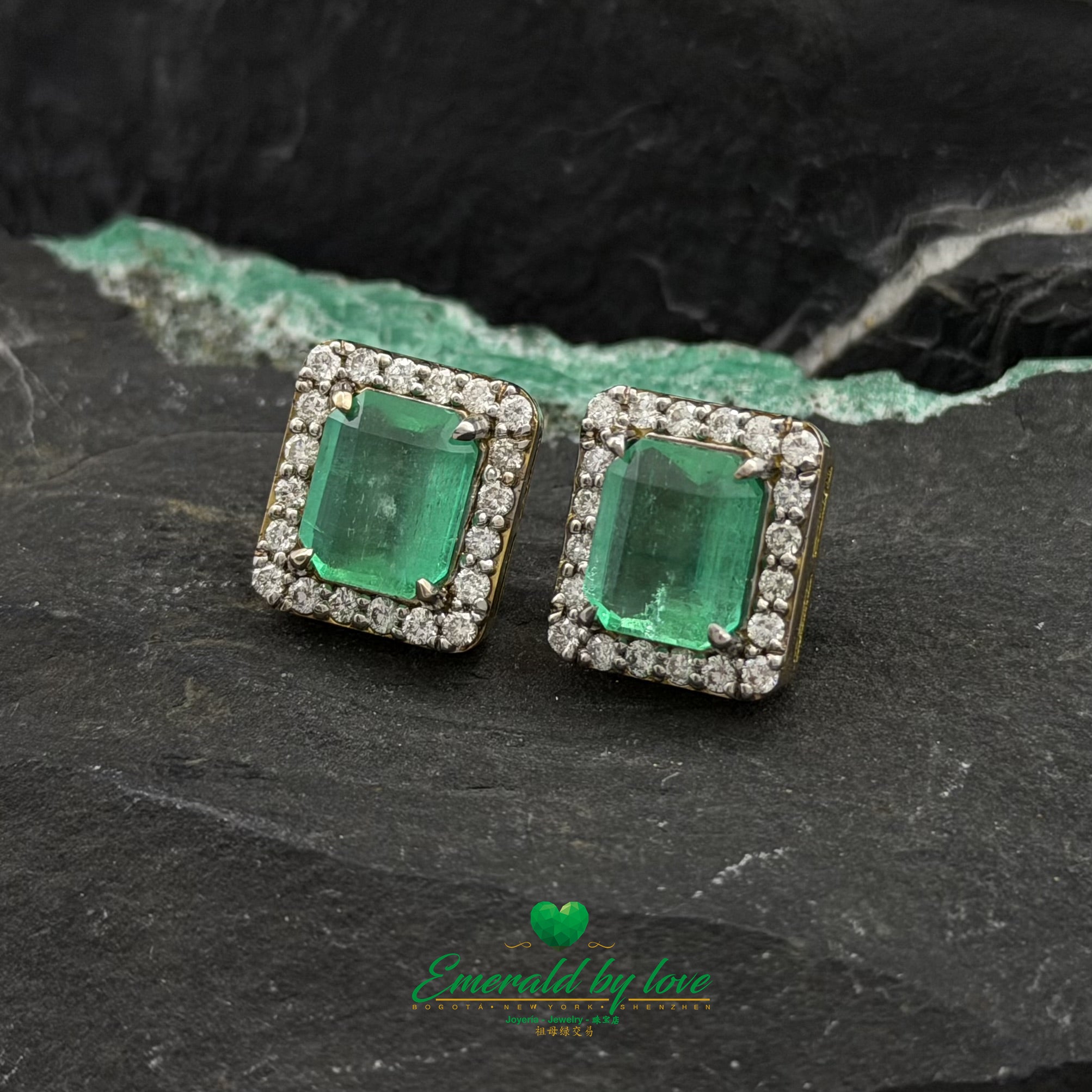 Cluster Earrings with 7.18 ct Large Emeralds and Diamonds