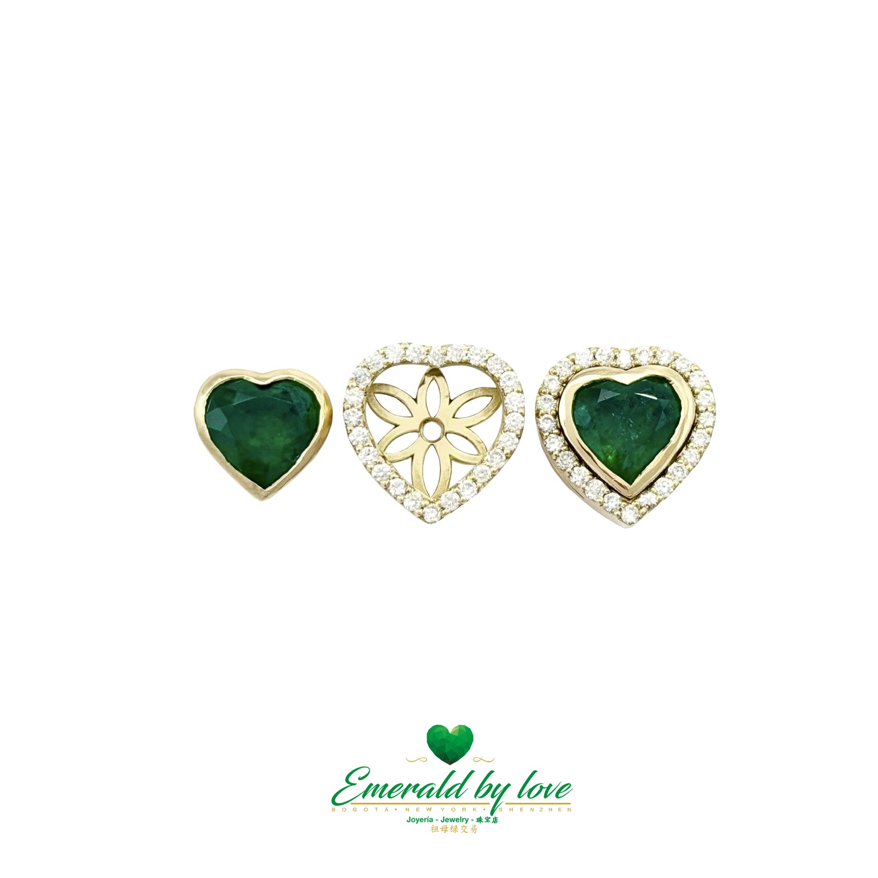 Yellow Gold Jacket Earrings with Bezel-Set Heart Emeralds and Diamonds