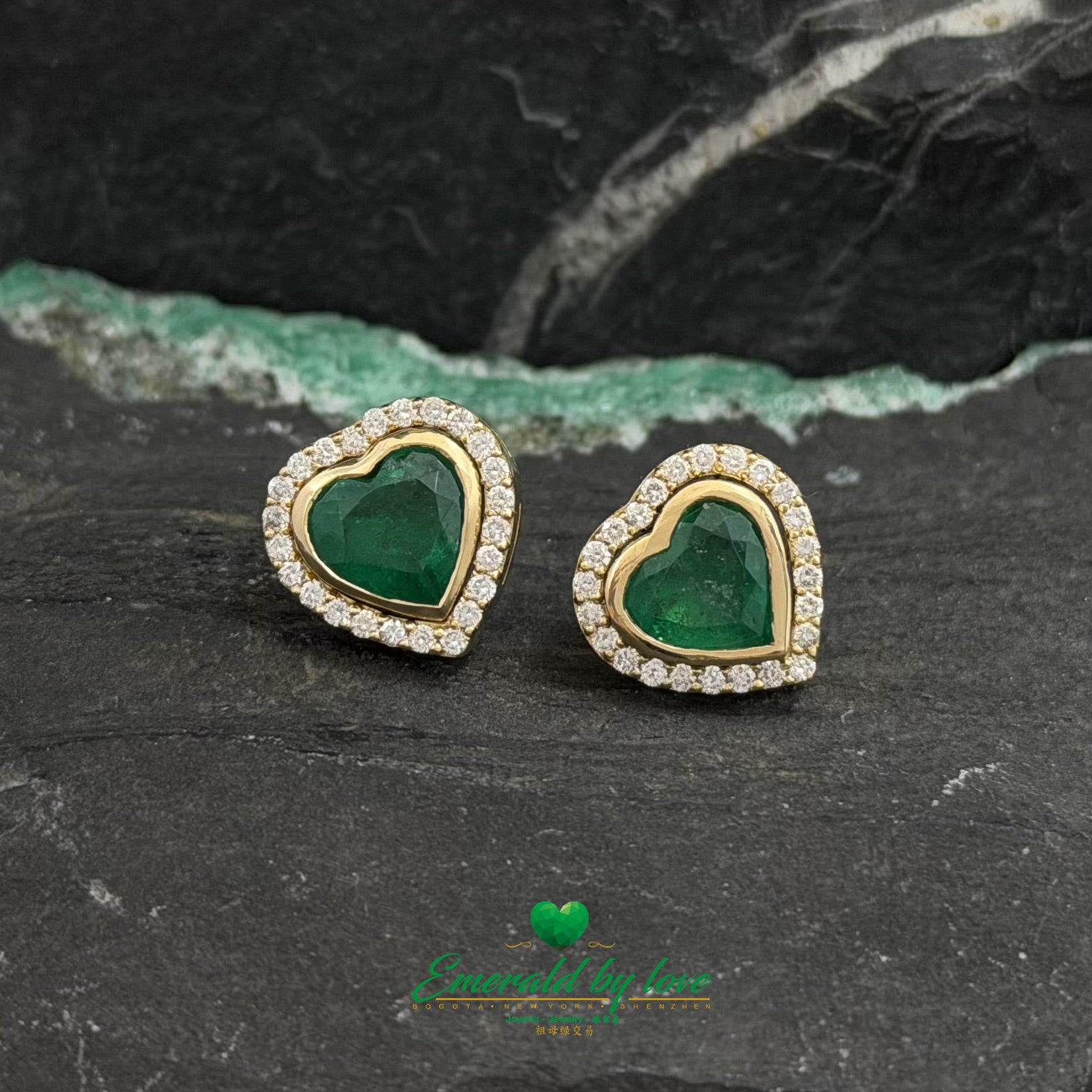 Yellow Gold Jacket Earrings with Bezel-Set Heart Emeralds and Diamonds