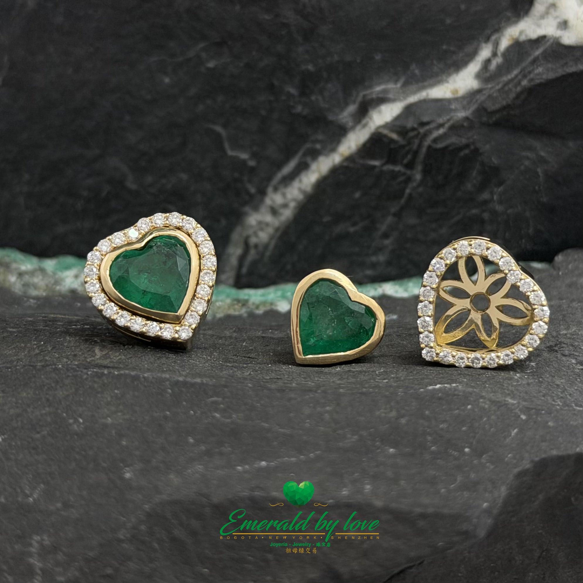 Yellow Gold Jacket Earrings with Bezel-Set Heart Emeralds and Diamonds