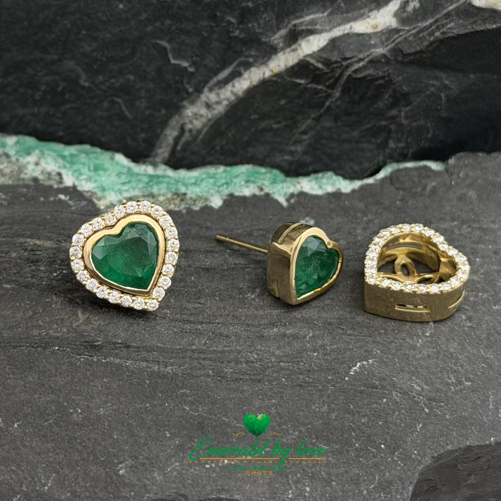 Yellow Gold Jacket Earrings with Bezel-Set Heart Emeralds and Diamonds