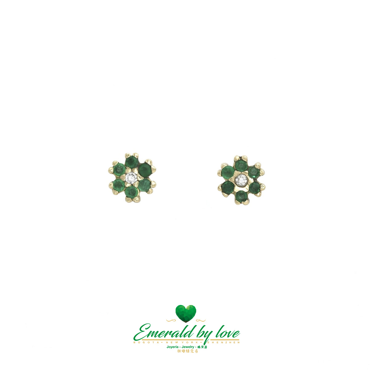 Yellow Gold Flower Earrings with Round Colombian Emerald Petals and Center Diamonds