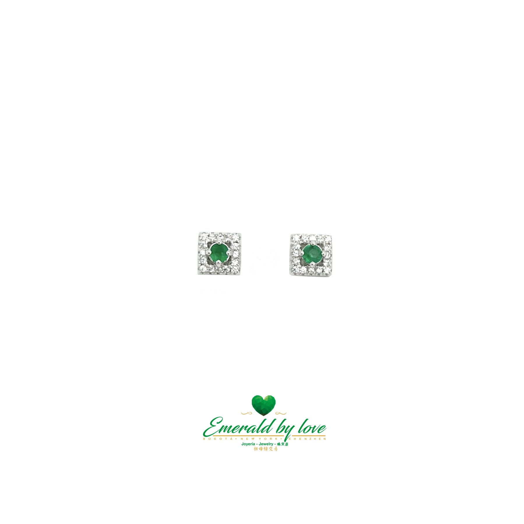 Square-Shaped Silver Earrings with Colombian Emeralds and Zircons