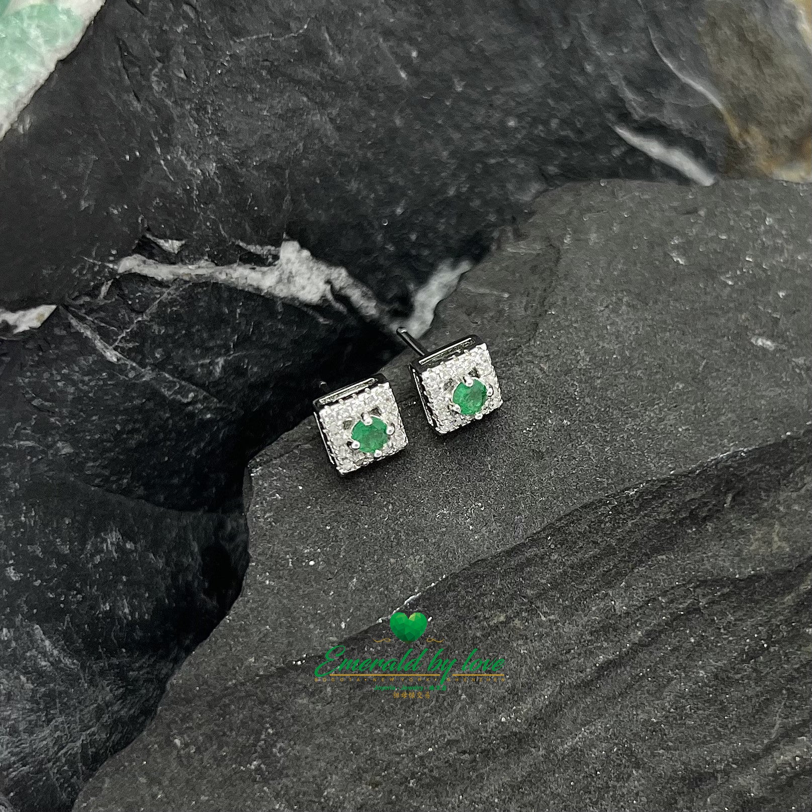 Square-Shaped Silver Earrings with Colombian Emeralds and Zircons