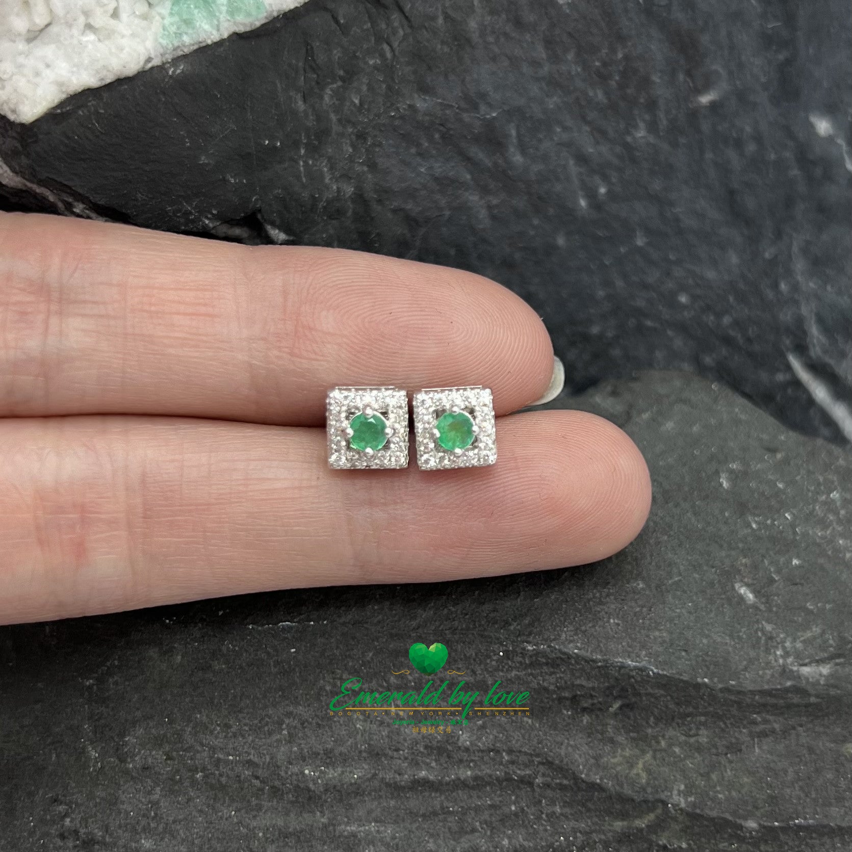 Square-Shaped Silver Earrings with Colombian Emeralds and Zircons