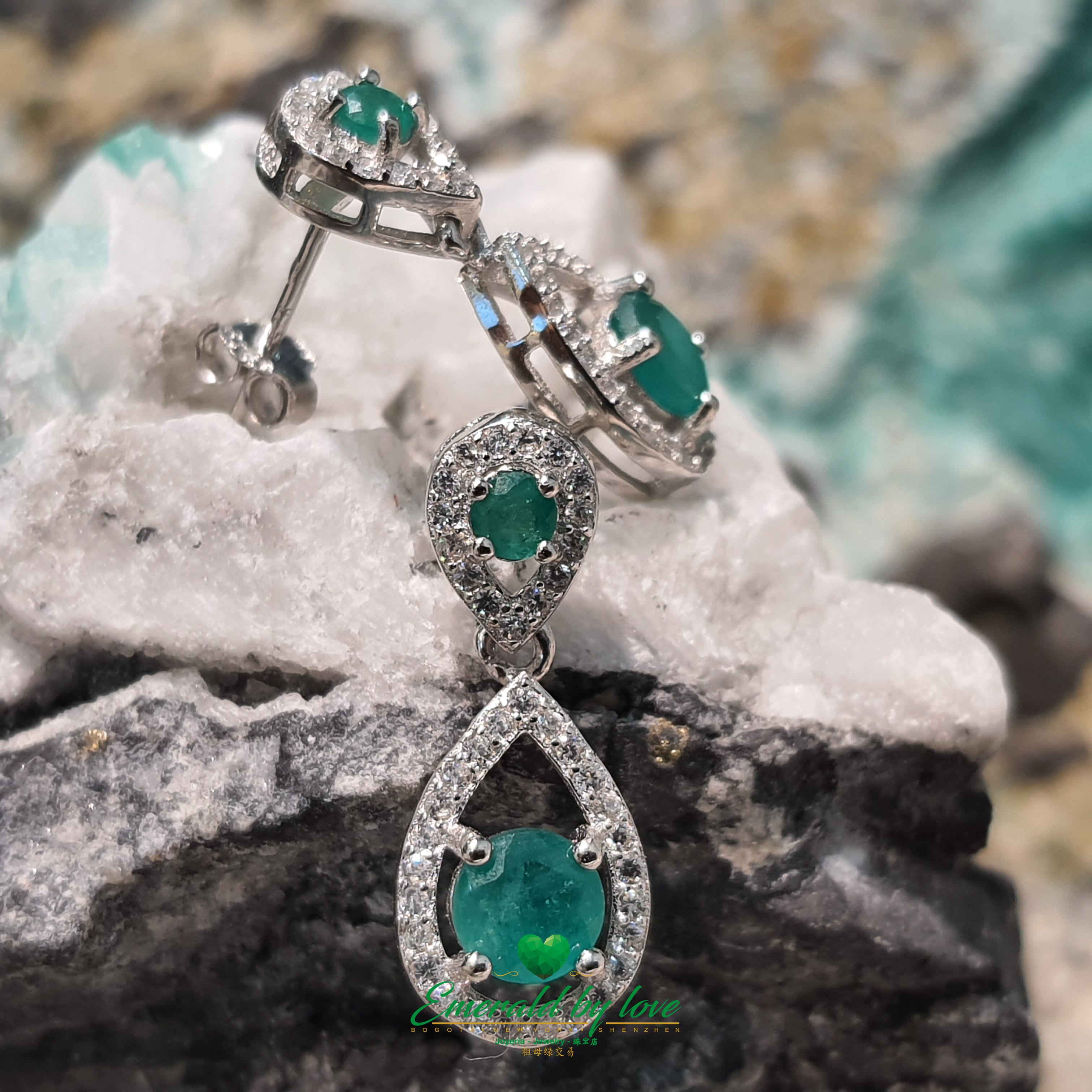 Luxury 925 Sterling Silver Round Colombian Emerald Earrings