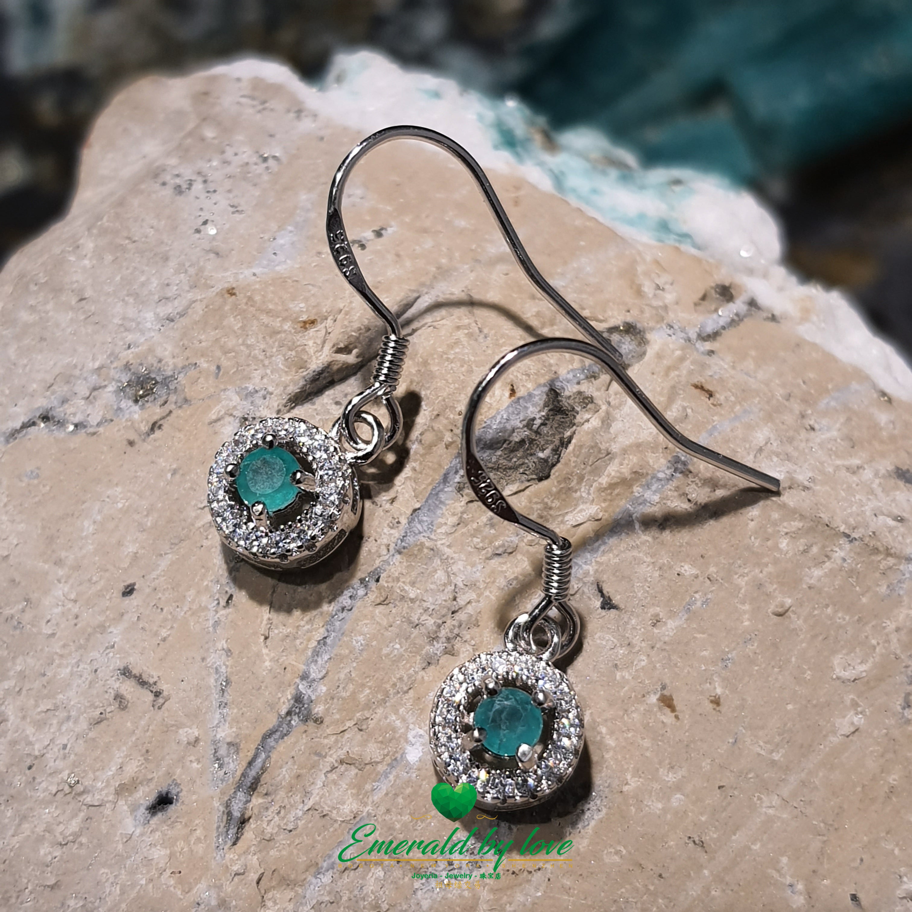 Long Silver Earrings with Round Marquise-Cut Colombian Emeralds