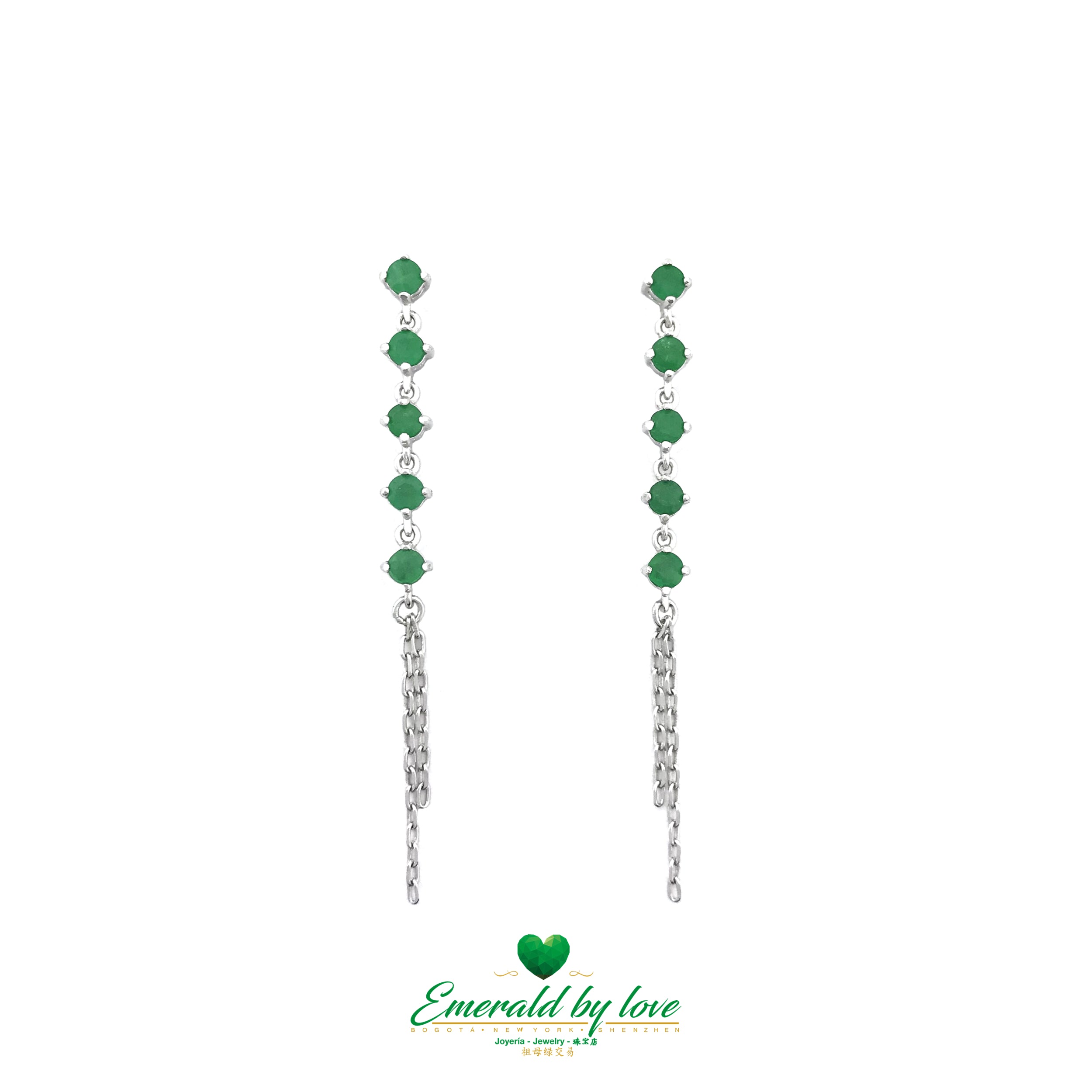 Fashionista Long Silver Earrings with Round Colombian Emeralds